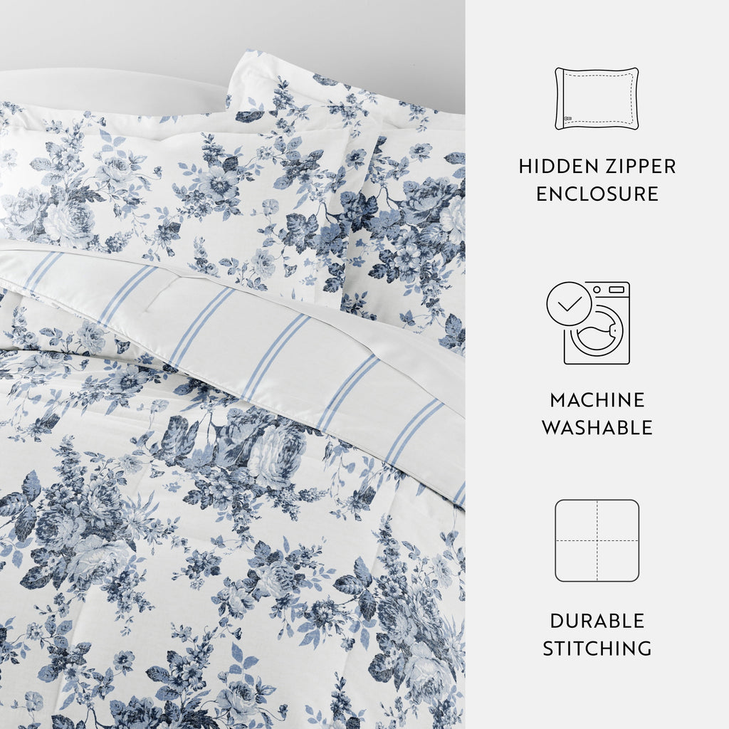 All-Season Down Alternative Cabbage Rose Stripe Stone Reversible Comforter Set - Hypoallergenic Ultra-Fluffy Quilt for Winter Detail
