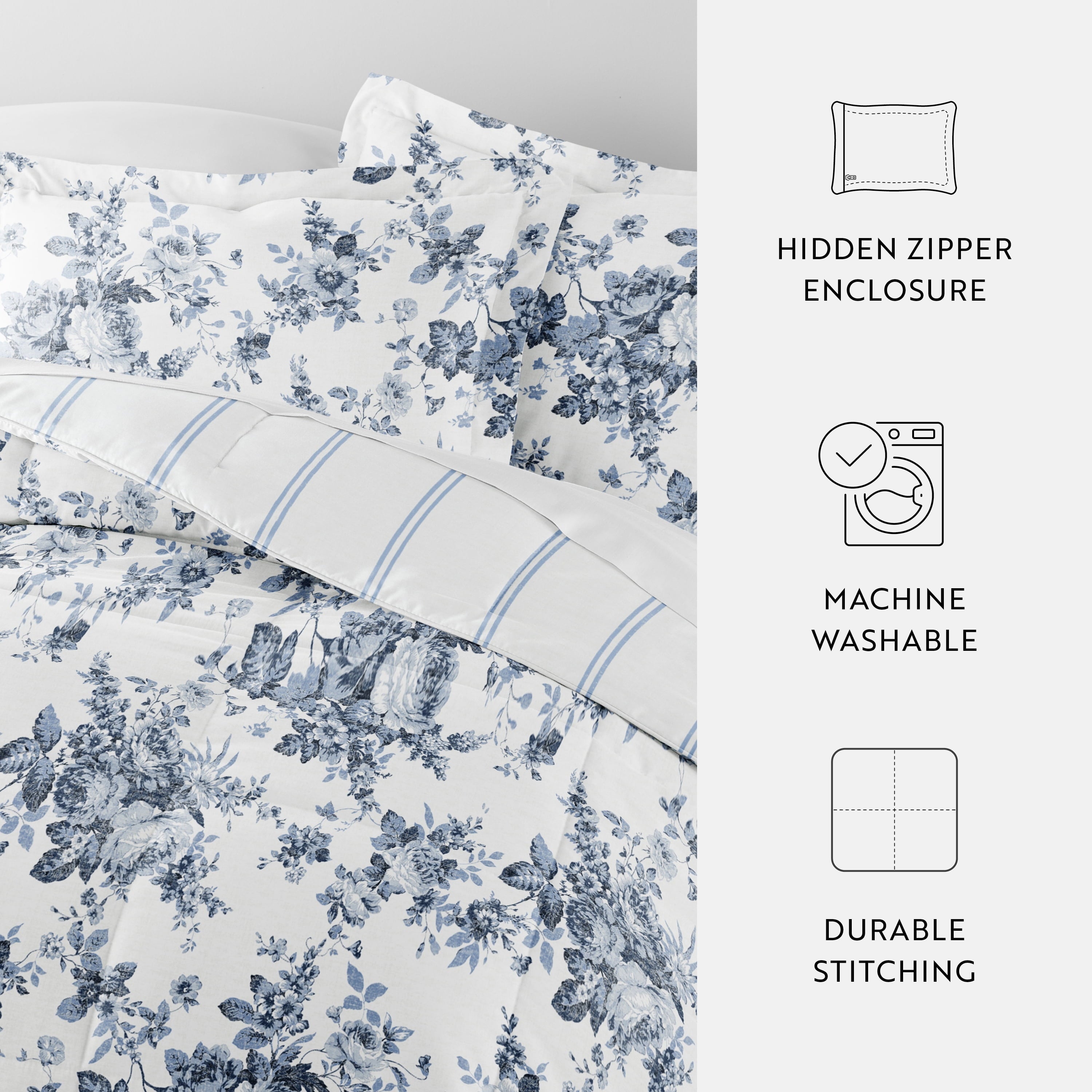 All-Season Down Alternative Cabbage Rose Stripe Stone Reversible Comforter Set - Hypoallergenic Ultra-Fluffy Quilt for Winter Detail