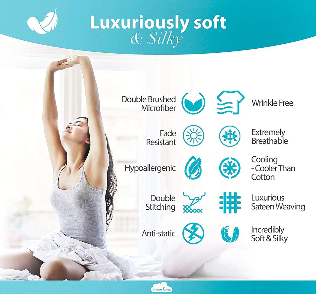 Cooling Sateen Bed Sheets Set - Queen Size Sheet with Side Pocket - 4pcs Set, 15 inches, White - Luxury Bed Sheet Set with Deep Pockets Detail