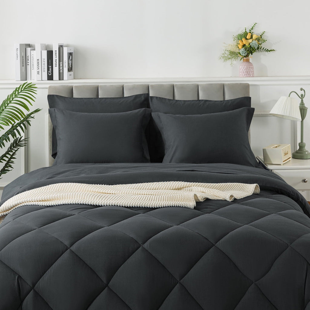All-Season Queen Bed in a Bag Comforter Set with 7 Pieces - Dark Gray All Season Bedding Sets with Comforter, Pillow Shams, Flat... - Luxurious Quilted Duvet Cover Set Detail