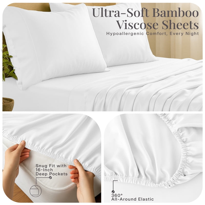 Breathable Luxury Lux Decor 100% Organic Viscose - 4 Piece Ultra-Soft Luxury Cooling Bed Sheets, 16" Deep Pocket, Breathable & Hypoalle... - Premium Ultra-Soft Pillowcase Pair for Sleeping Detail