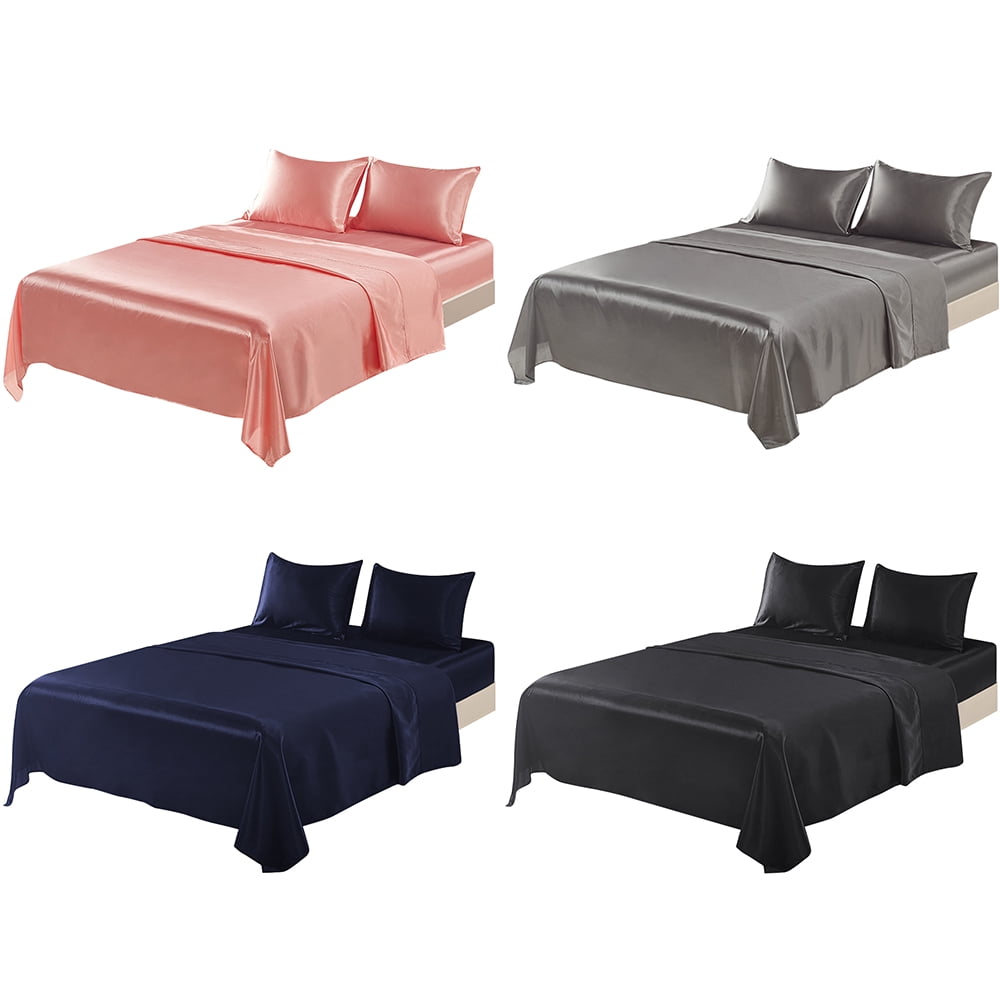 Breathable Luxury Twin Silk Gray Bed Sheet Set Deep Pocket Bed Flat Fitted Sheet, 3-Pieces - Cooling Hotel Quality Bedding Sheets and Pillowcases Detail
