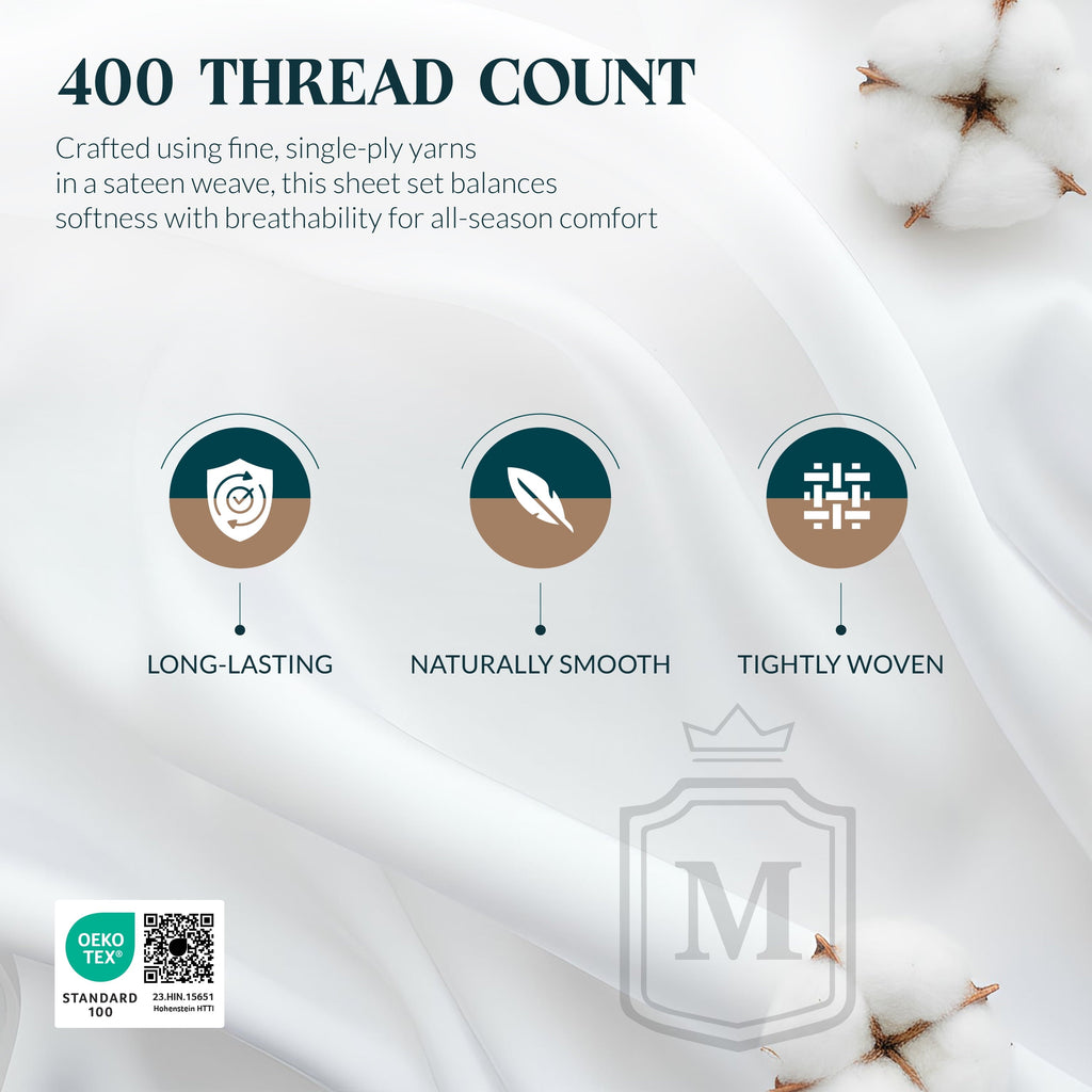 Breathable Luxury 100% Cotton Sheets For Queen Size Bed - Luxury 400 Thread Count Queen Sheet Set, 4 Piece Sateen Weave Queen White Cot... - Premium Ultra-Soft Pillowcase Pair for Sleeping Detail