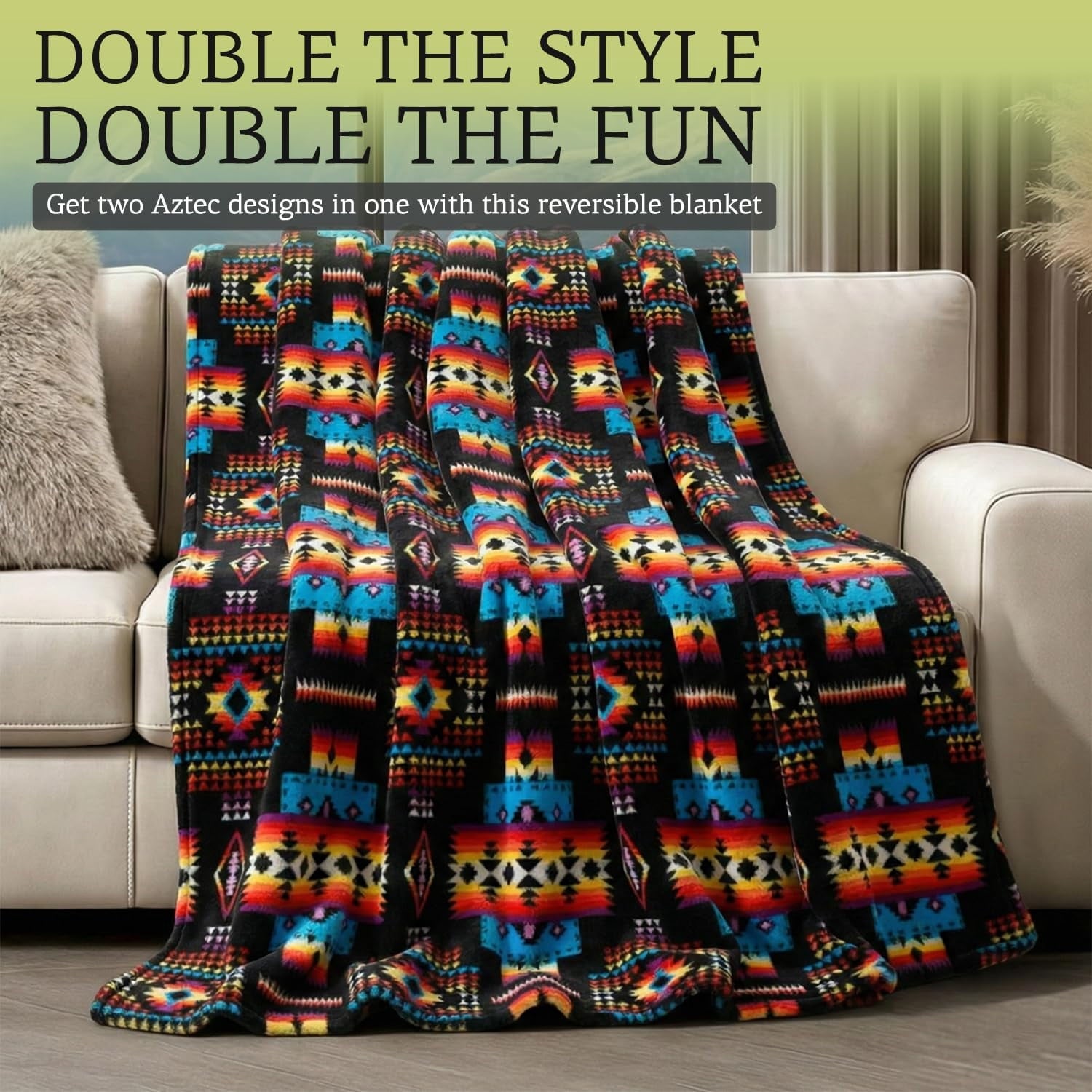 Super Soft Flannel Sacred Thread Fleece Blanket South Western, Reversible Mexican, Vibrant Aztec Blankets and Throws for Aztec Decor for... - Luxury Knitted Decorative Throw Blanket with Fringes Detail