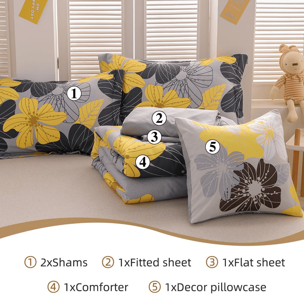 Fluffy Down Alternative Yellow Floral Comforter Set Queen Flower Bed Set Adult Soft Botanical Boho Bedding Set - Hypoallergenic Ultra-Fluffy Quilt for Winter Detail