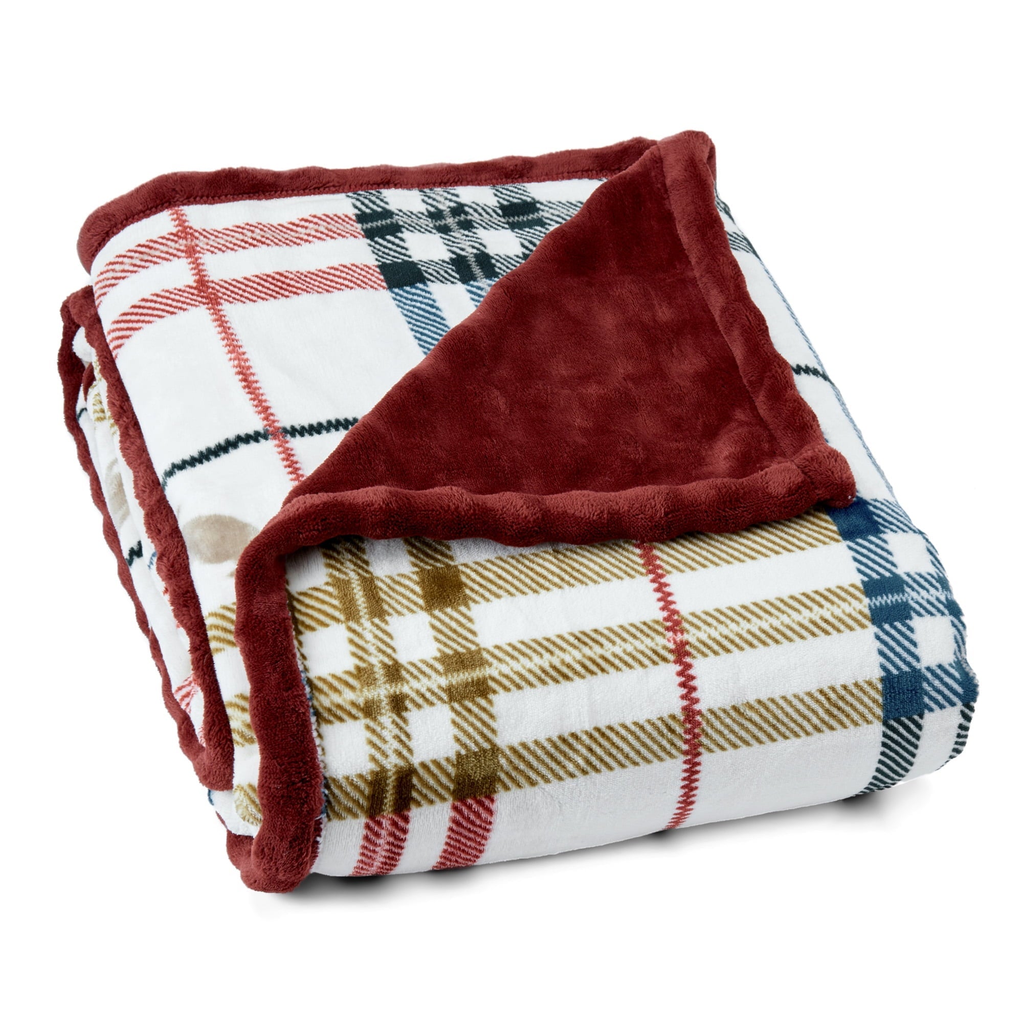 Lightweight Warm Academic Plaid Tartan Crest with Faux Leather Patch and Milky Mink Reverse Throw, 60x70 inches - Super Soft Reversible Sherpa Flannel Blanket Detail