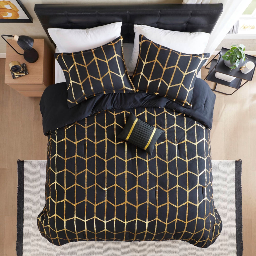 All-Season Full/Queen Size Comforter Set, 4-Piece Bedding Set for All Seasons, Geometric Metallic Comforter Bed Set with Decor P... - Cloud-Like Soft Lightweight Bed Comforter Detail