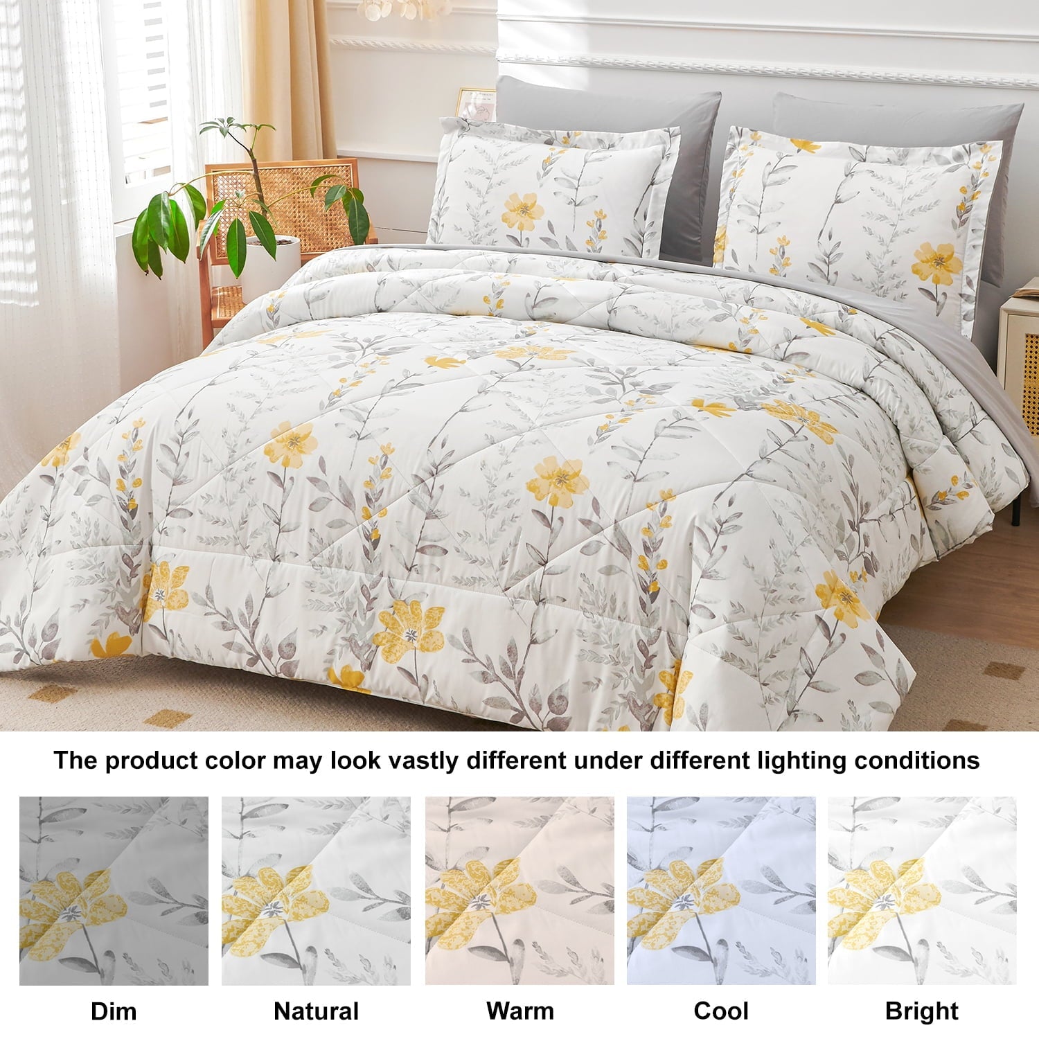 Heavyweight Warmth 3 Piece Comforter Set Queen Yellow Floral Quilt Microfiber Patchwork Bedspread - Luxurious Quilted Duvet Cover Set Detail