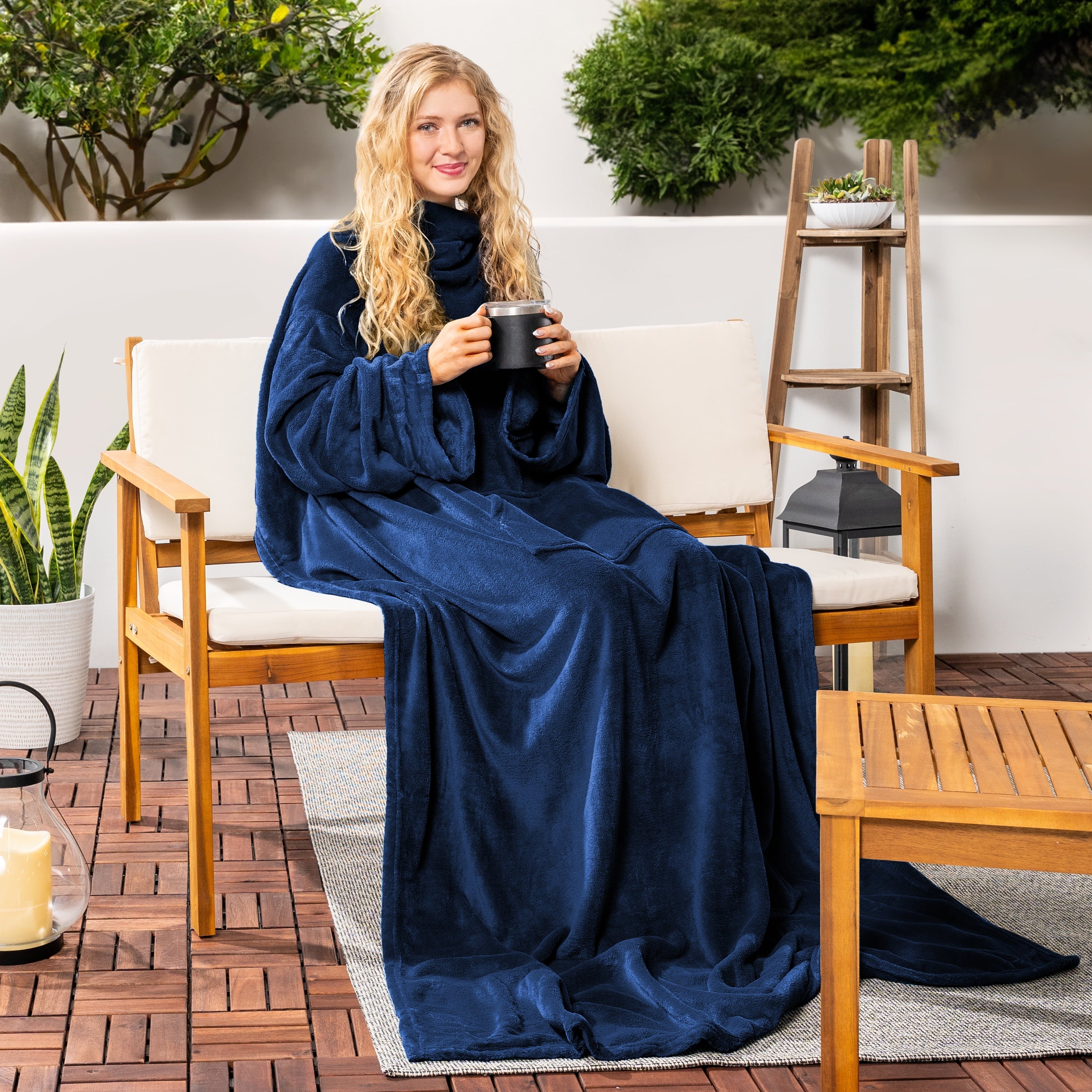 Reversible Sherpa Navy Blue Fleece Wearable Blanket with Sleeves for Adults Women Men, Soft Warm Full Body Wrap Throw, Sweatshirt Pocke... - Luxury Knitted Decorative Throw Blanket with Fringes Detail