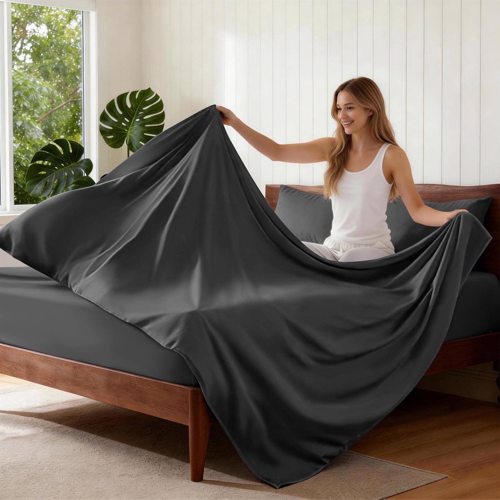Premium Egyptian Cotton Sheets,Soft Hotel Luxury Polyester Washed Cotton,4 Piece Sheets Set,with 14" Deep Pocket,Dark Gray - Cooling Hotel Quality Bedding Sheets and Pillowcases Detail