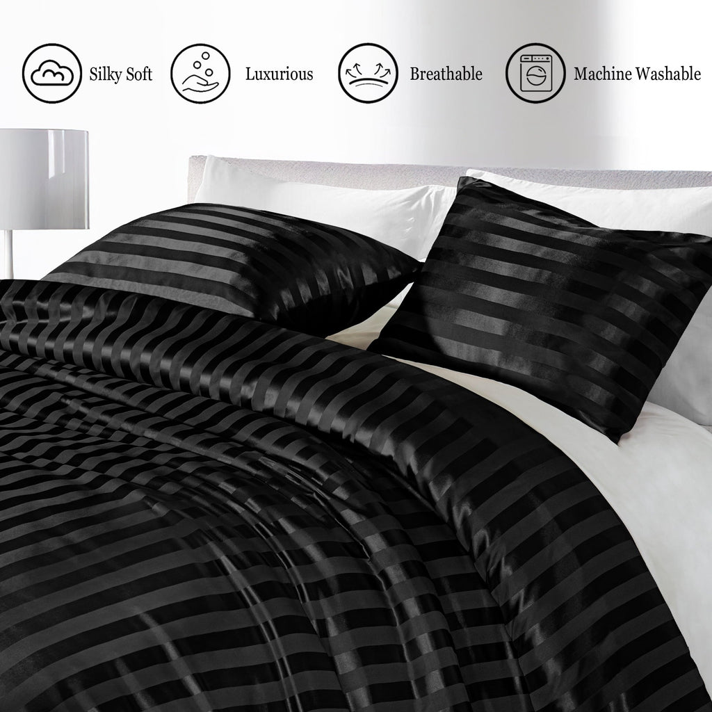 Heavyweight Warmth 3-Piece Reversible Silky Soft King Size Comforter Set, Luxury Stripe Satin Oversized Comforter Bedding Set with 2 Sat... - Cloud-Like Soft Lightweight Bed Comforter Detail