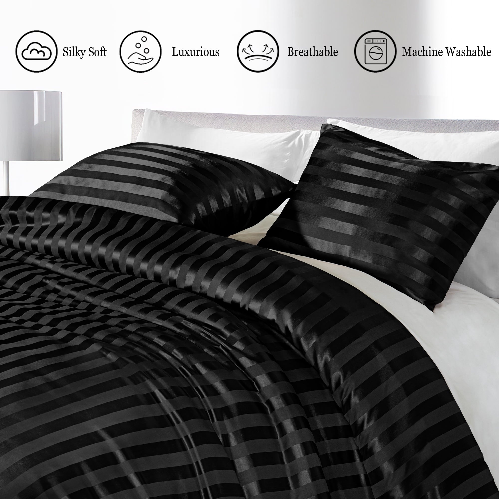 Heavyweight Warmth 3-Piece Reversible Silky Soft King Size Comforter Set, Luxury Stripe Satin Oversized Comforter Bedding Set with 2 Sat... - Cloud-Like Soft Lightweight Bed Comforter Detail