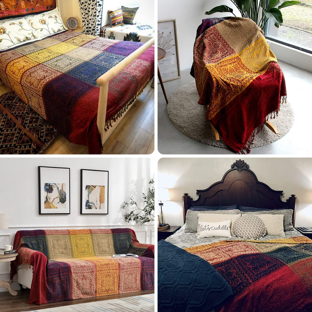 Reversible Sherpa 75x60 Inch Machine Wash Boho Tribal Throws Blankets Colorful Bohemian Hippie Chenille Throw Covers Couch Furniture So... - Luxury Knitted Decorative Throw Blanket with Fringes Detail