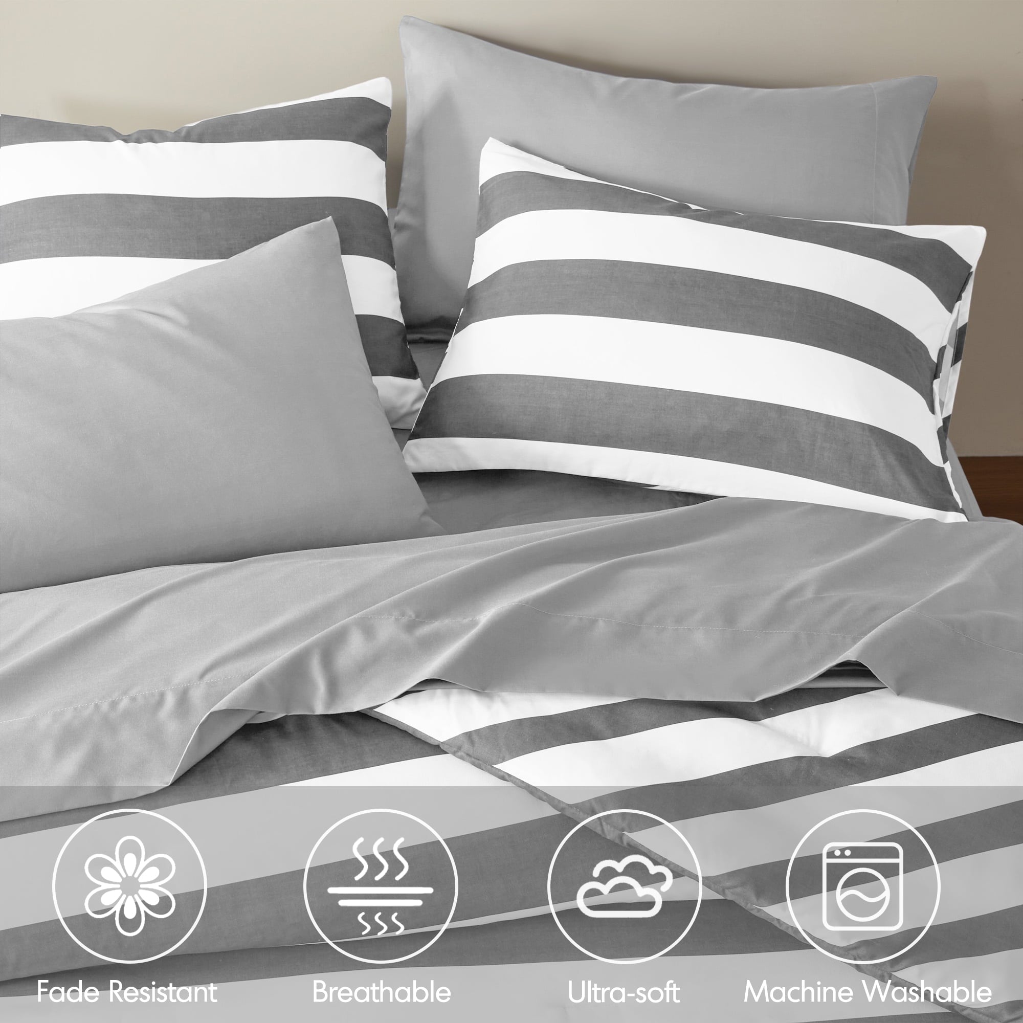 Heavyweight Warmth Full/Queen Size Comforter Sets, 3-Piece Bedding Set Full/Queen, Reversible Striped Comforter Bed Set, Charcoal - Luxurious Quilted Duvet Cover Set Detail