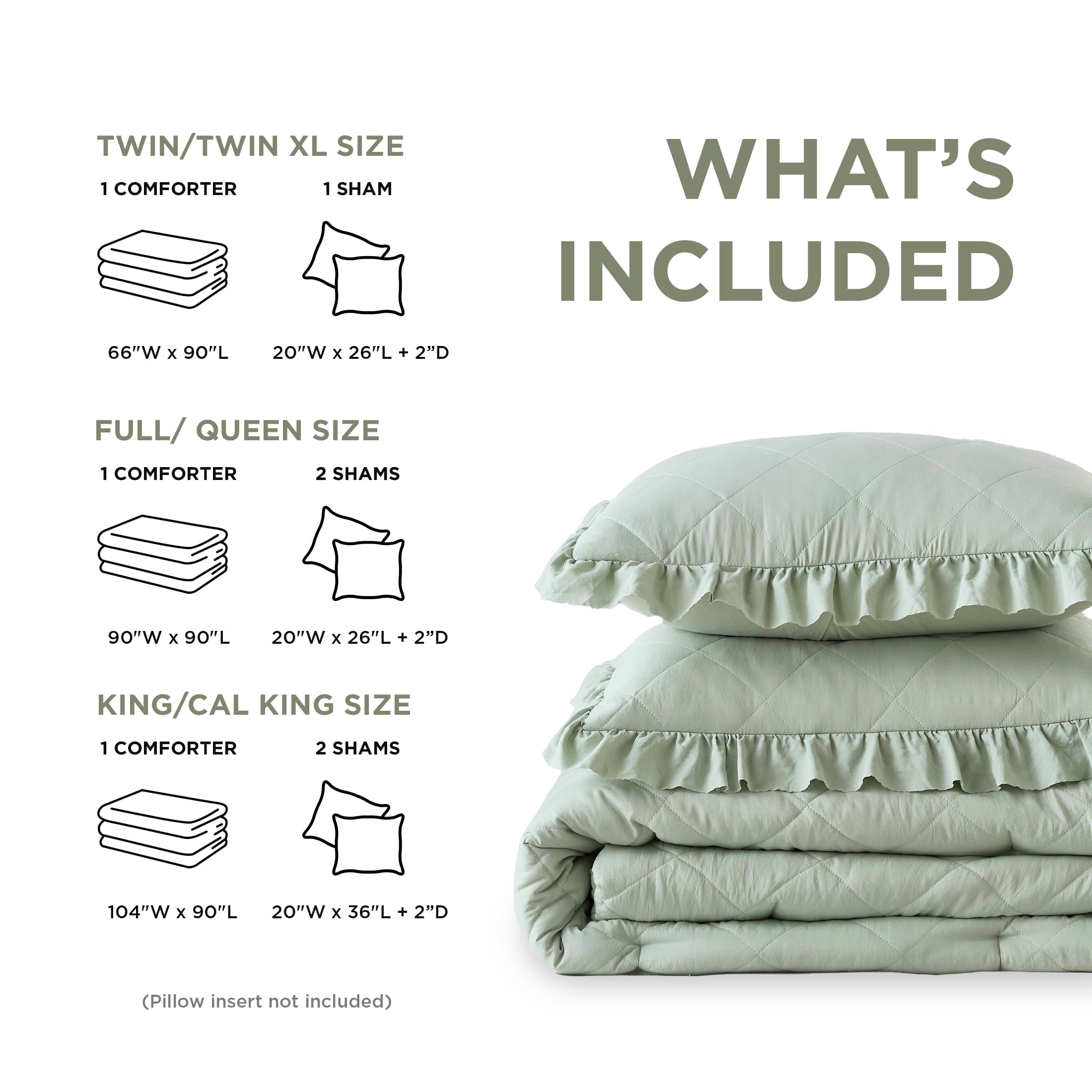 All-Season Full/Queen Comforter Set Sage, 3 Pieces Quilted Ruffle Comforters Full/Queen Size, Solid Bedding Comforters Sets, Gif... - Luxurious Quilted Duvet Cover Set Detail
