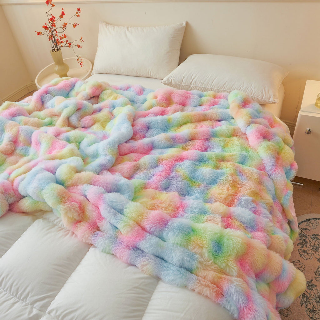 Cozy Fleece Fluffy Faux Rabbit Fur Bubble Throw, Rainbow Plush Shaggy Blanket for Couch Sofa Chair, Soft Tie Dye Furry Blanket Ad... - Lightweight Plush Warm Blanket for All Seasons Detail