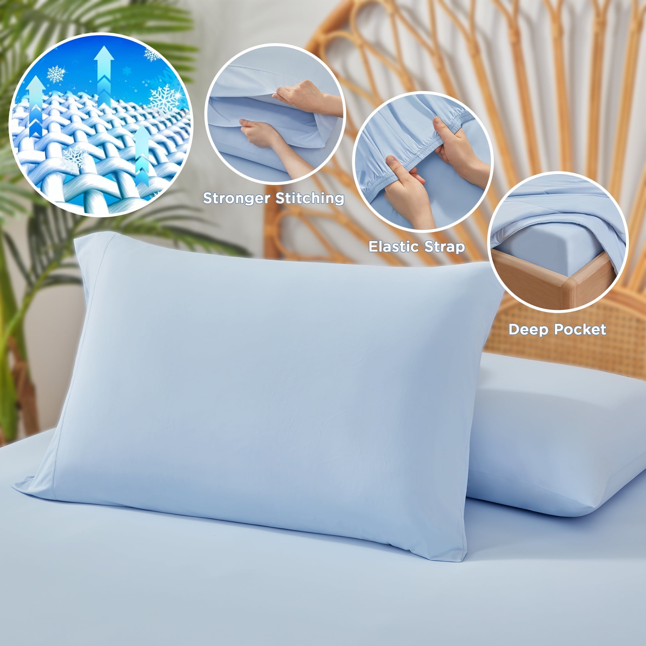 Wrinkle-Resistant Full/QueenSize Sheet Set, 3 Piece Cooling Bed Sheet with Deep Pocket for Hot Sleepers, Ice Blue - Cooling Hotel Quality Bedding Sheets and Pillowcases Detail
