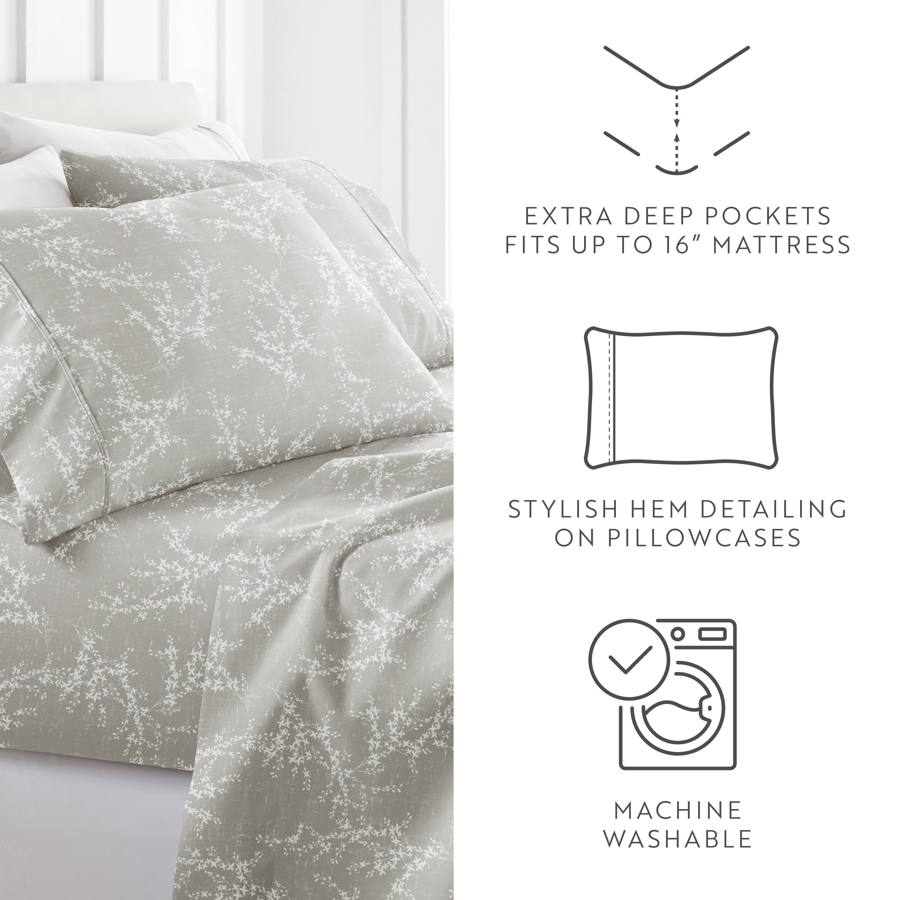Cooling Sateen 3 Piece Pattern Microfiber Bed Sheets Set, Distressed Willow Light Gray, Twin - Luxury Bed Sheet Set with Deep Pockets Detail