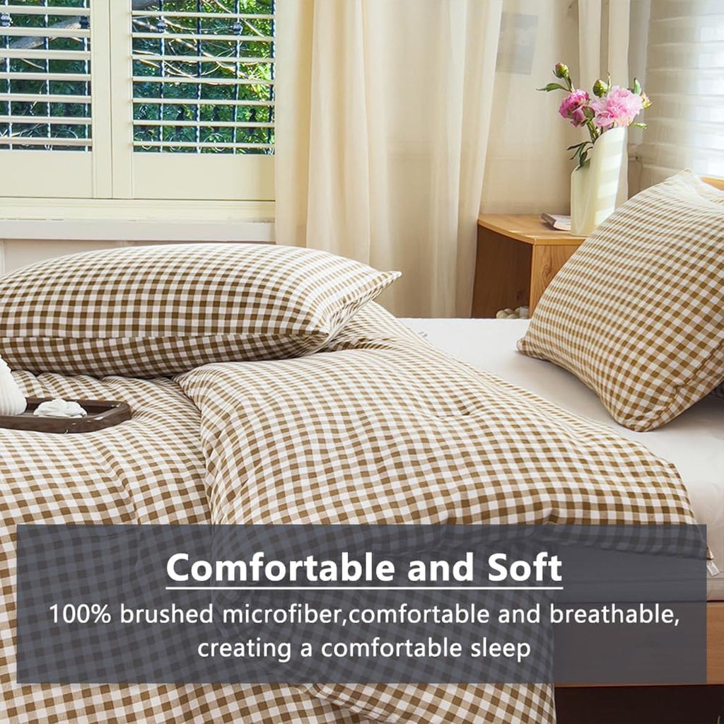 Luxurious Quilted Tan Gingham Queen Comforter Set, Taupe Plaid Bedding Set, Checked Bed Comforter 3 Pieces(Tan Gingham, Queen) - Cloud-Like Soft Lightweight Bed Comforter Detail