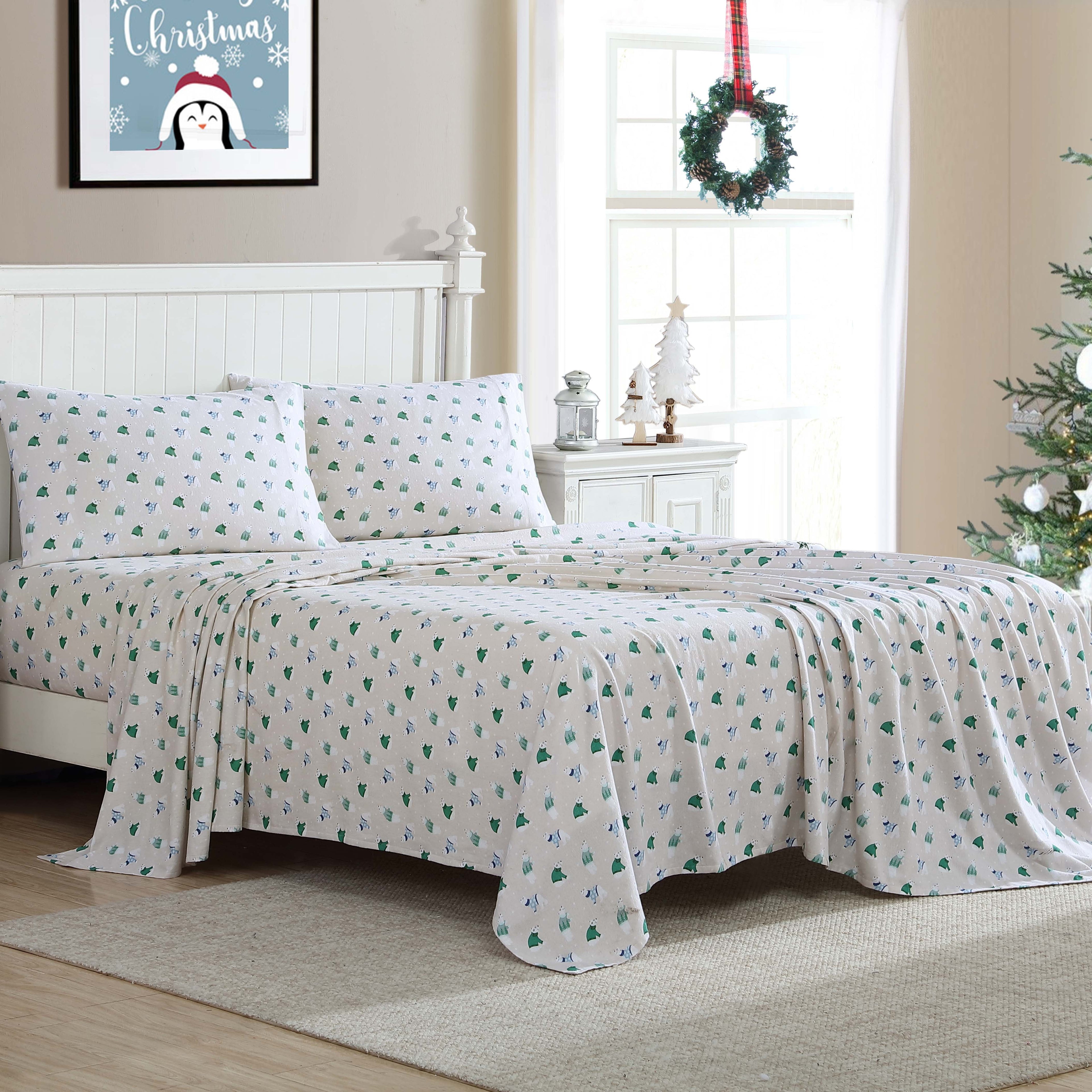 Breathable Luxury Winter Nights Cotton Flannel Sheet Set, King, Holiday Bears - Breathable Egyptian Cotton Flat & Fitted Sheets Detail