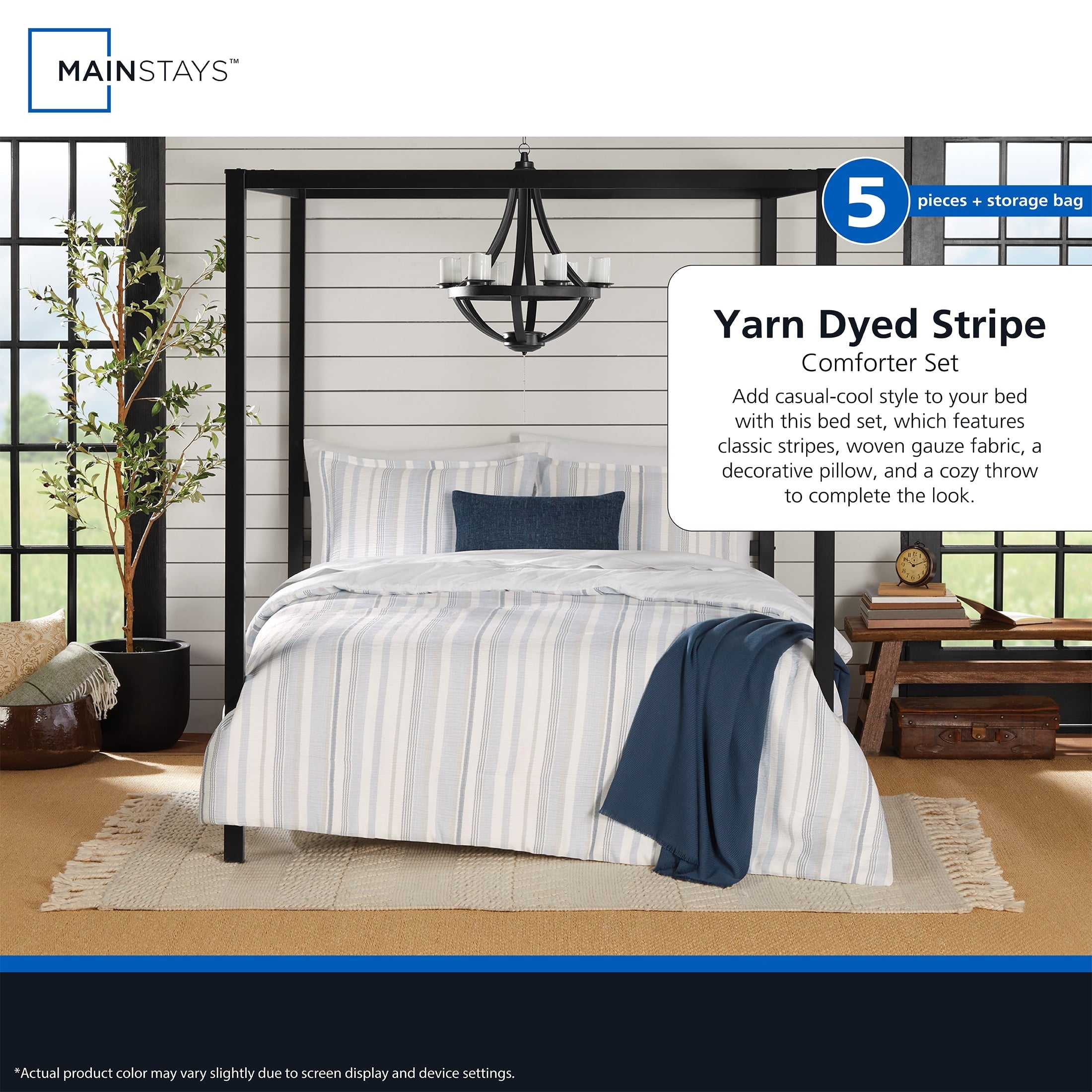 All-Season Full/Queen Comforter Set, All-Season, 5-Piece, Blue Yarn Dyed Stripe - Hypoallergenic Ultra-Fluffy Quilt for Winter Detail