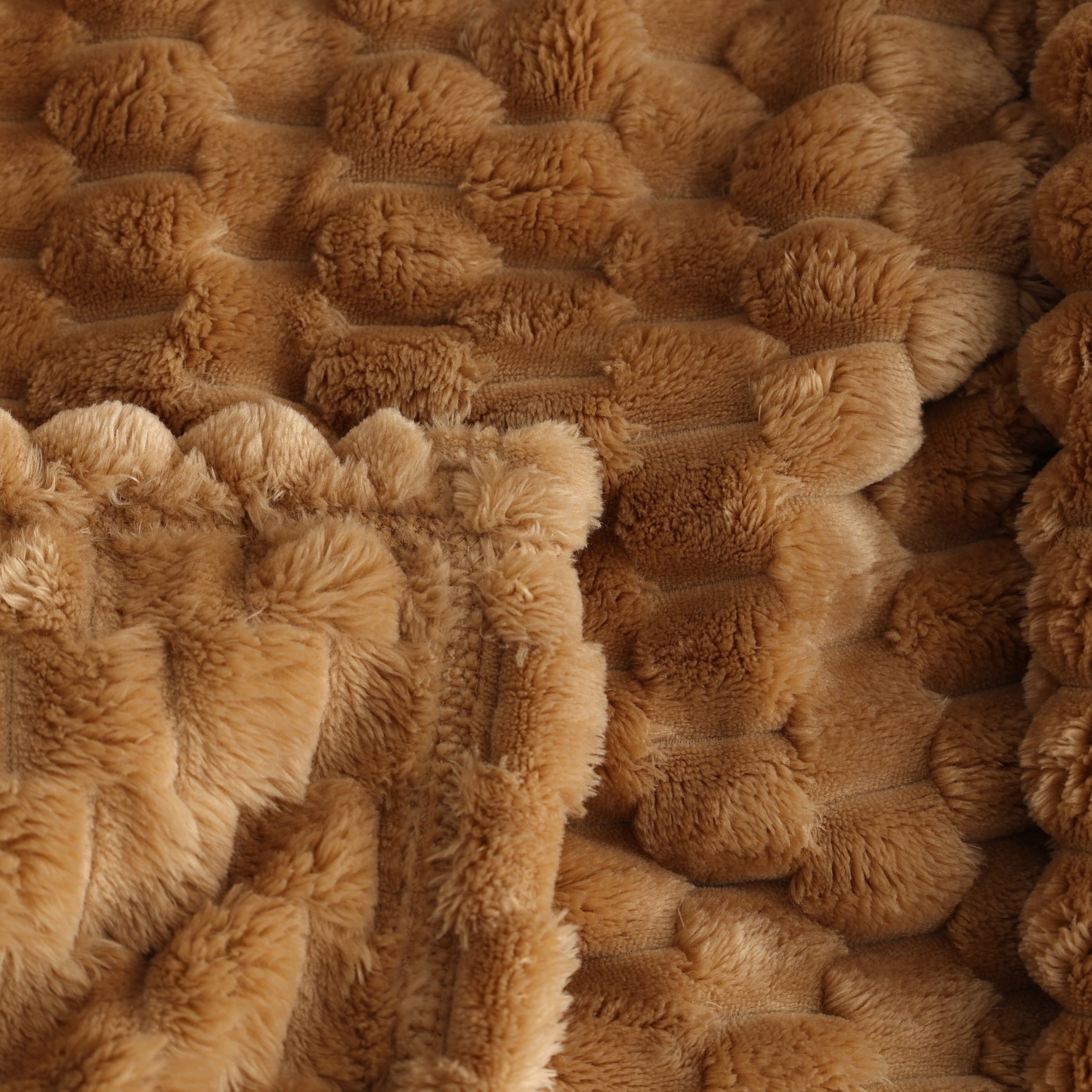 Super Soft Flannel Textured Velvet Plush Oversized Throw Blanket in Dark Caramel - Luxury Knitted Decorative Throw Blanket with Fringes Detail