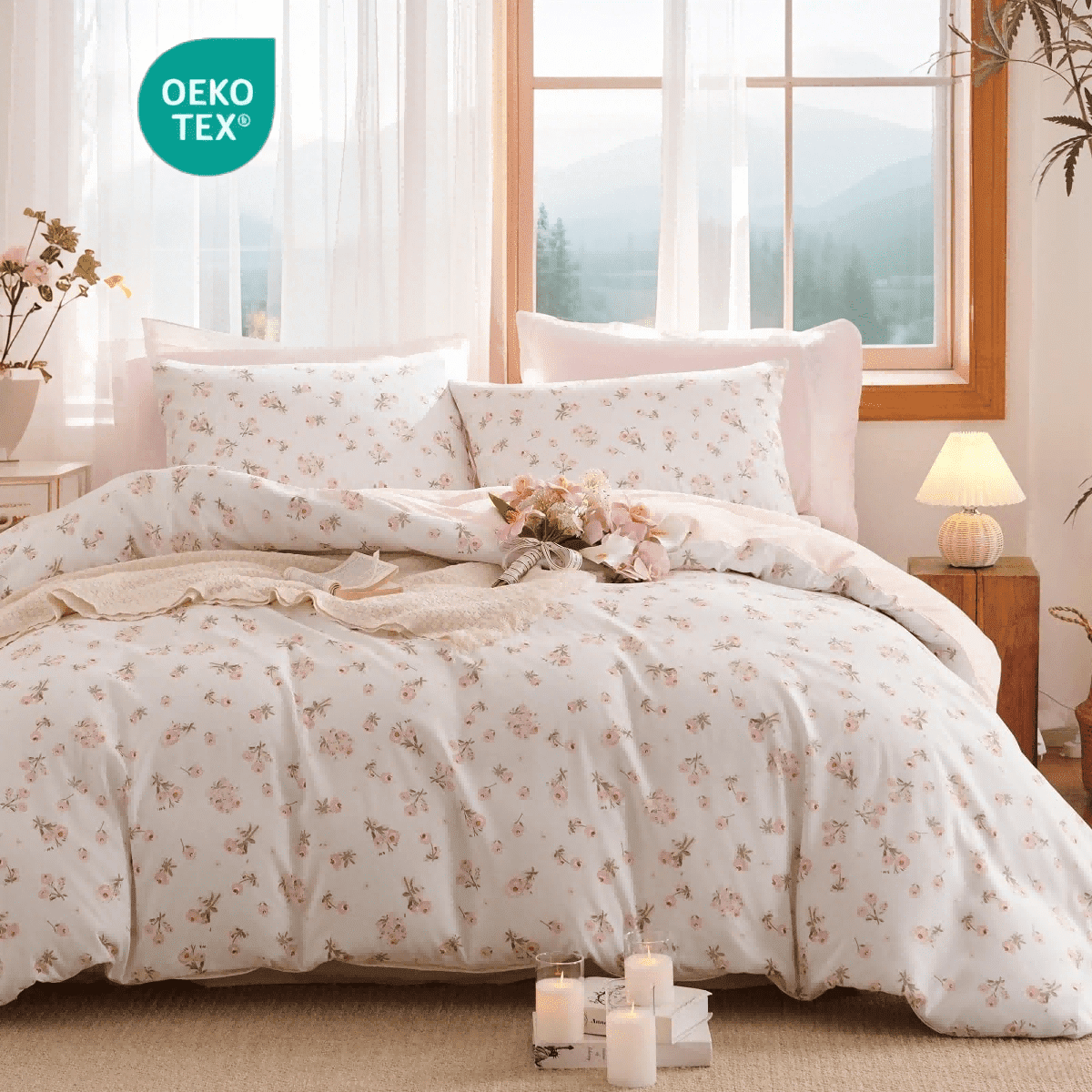 All-Season Pink loyalty Floral Comforter Queen Sets, 3 Pieces Chic Botanical Pink White Floral Reversible Comforter for All Season - Cloud-Like Soft Lightweight Bed Comforter Detail
