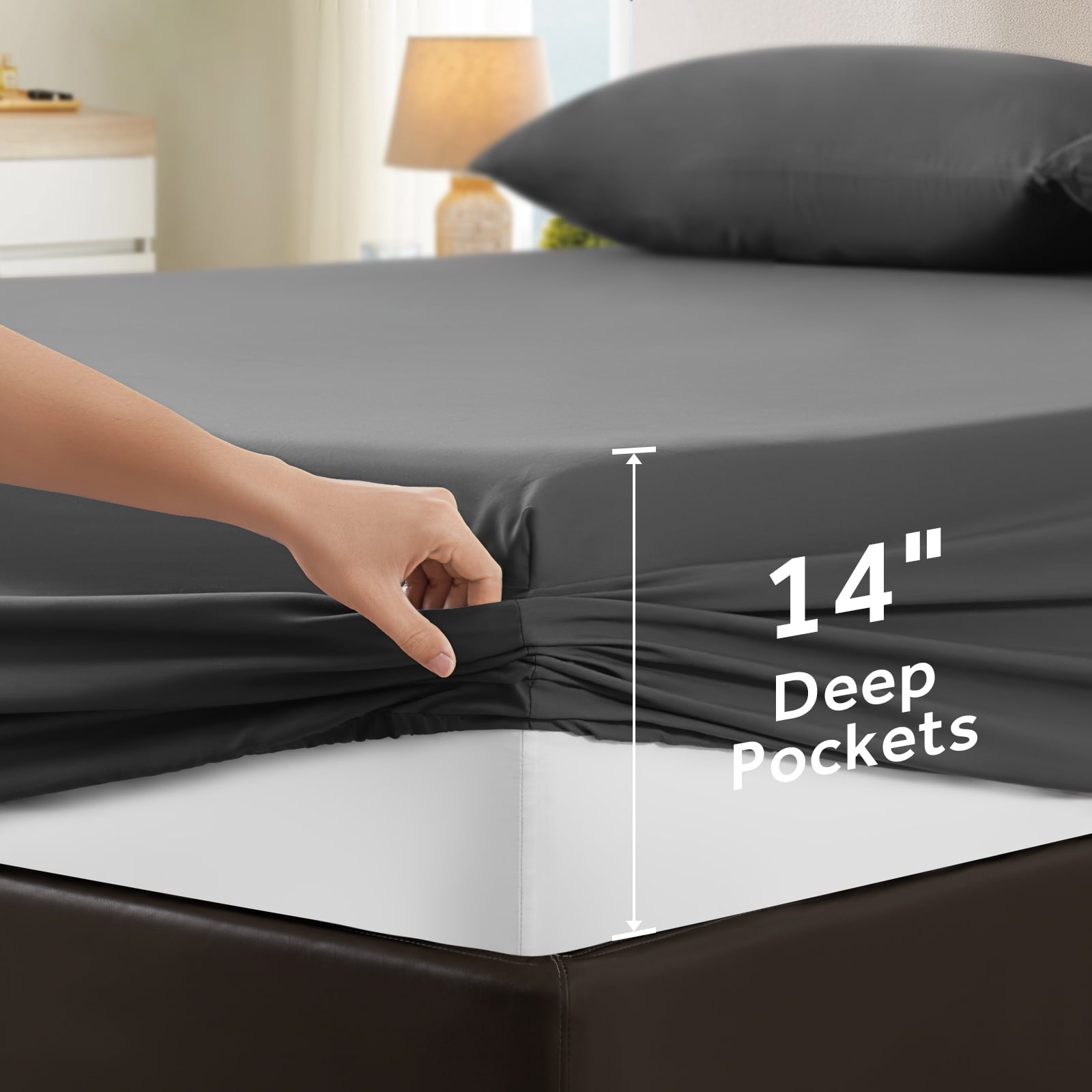 Premium Egyptian Cotton Sheets,Soft Hotel Luxury Polyester Washed Cotton,4 Piece Sheets Set,with 14" Deep Pocket,Dark Gray - Cooling Hotel Quality Bedding Sheets and Pillowcases Detail