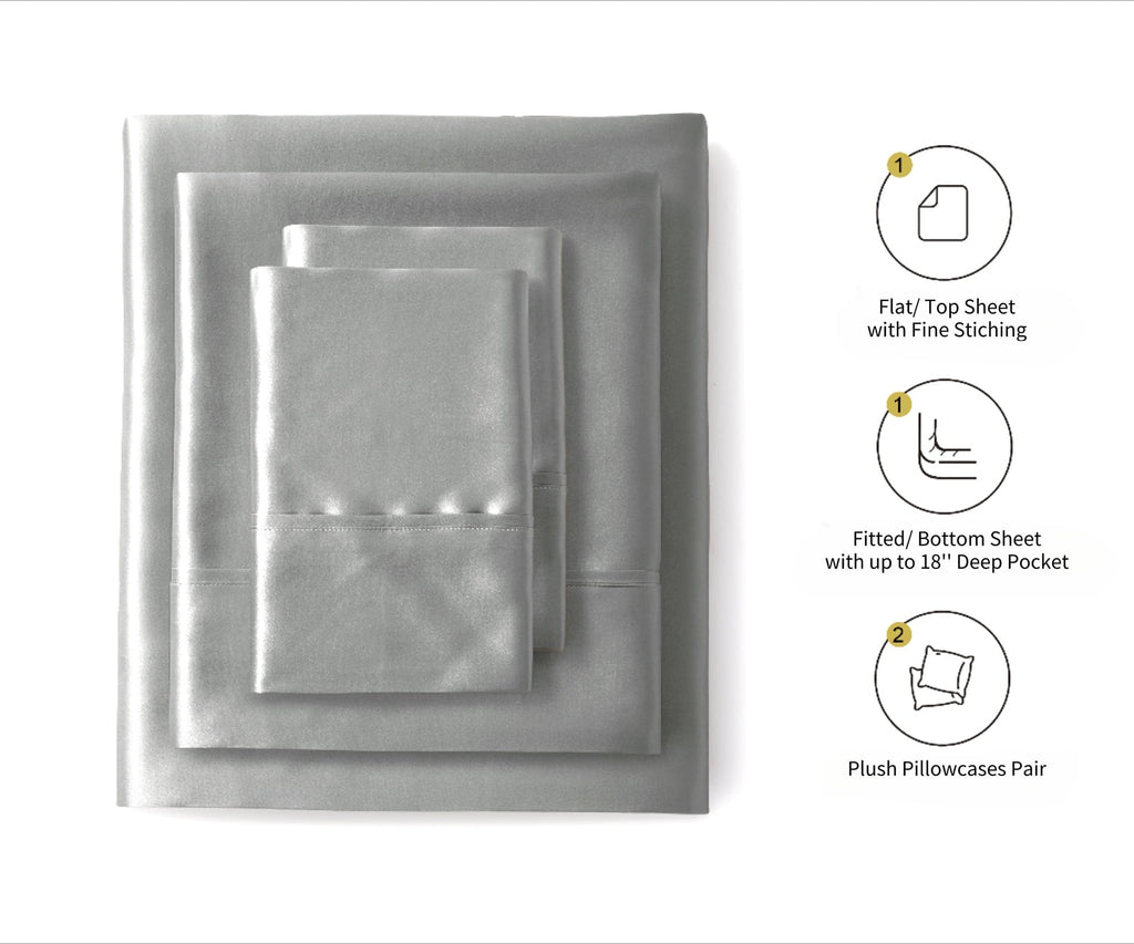Wrinkle-Resistant Luxury Satin Sheets Set Full Size Light Gray, 4-Piece Bedding Sets with Deep Pockets - Soft and Smooth Satin Bed Shee... - Cooling Hotel Quality Bedding Sheets and Pillowcases Detail