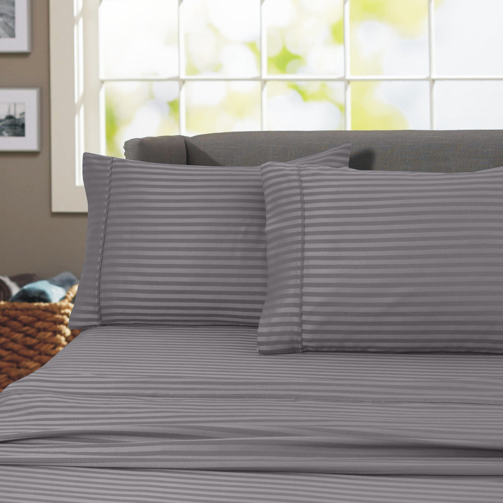 Cooling Sateen 600 100% Cotton Wrinkle Free Striped Sheet Set (Twin, Gray) - Cooling Hotel Quality Bedding Sheets and Pillowcases - Default Title