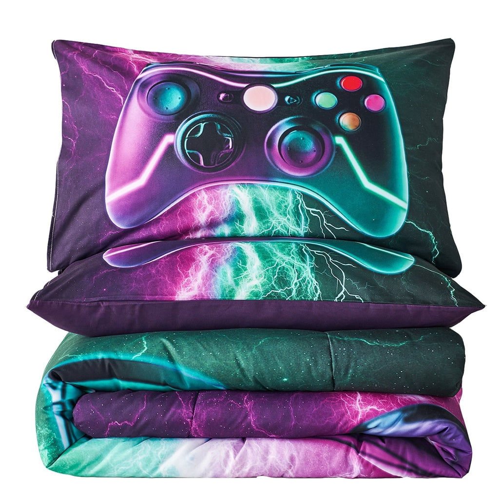 All-Season Queen Size Gaming Comforter Set for Boys,3-Piece 3D Green Purple Lightning Game Controller Bedding Set for Kids Teens - Hypoallergenic Ultra-Fluffy Quilt for Winter Detail