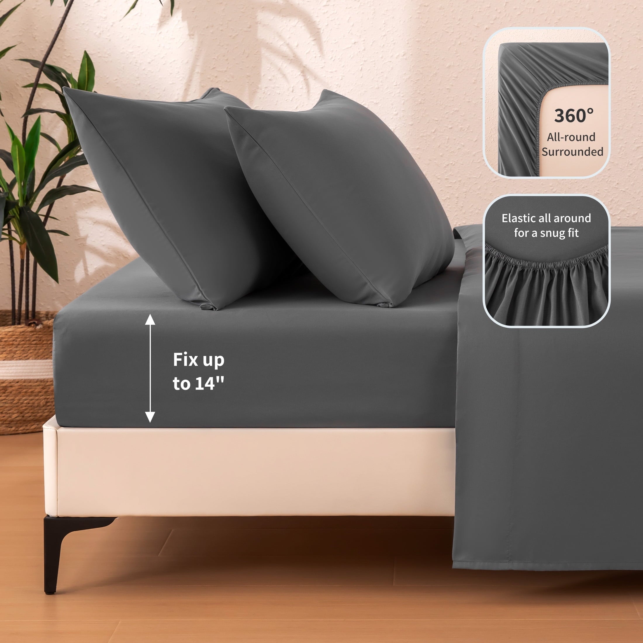Wrinkle-Resistant Sheet Set Twin Size Gray, 3 Pieces 140 GSM Brushed Elastic Fitted Soft & Cozy Bed Sheets Set with Deep Pocket - Cooling Hotel Quality Bedding Sheets and Pillowcases Detail