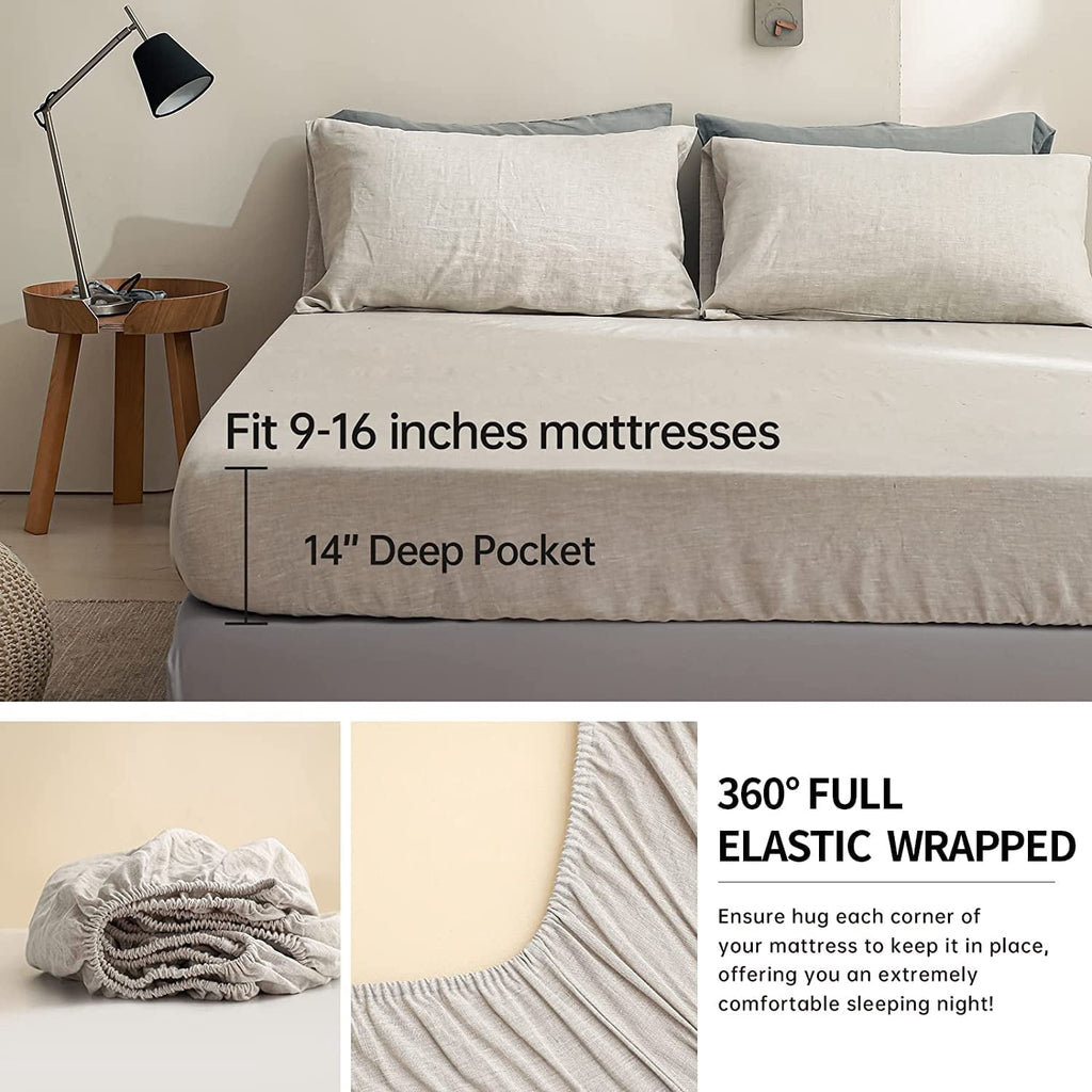 Ultra-Soft 100% Linen Sheet Set Solid Color-4 Pcs Washed French Linen Bed Sheets(1 Flat Sheet,1 Fitted Sheet,2 Pillowcases)-Brea... - Cooling Hotel Quality Bedding Sheets and Pillowcases Detail