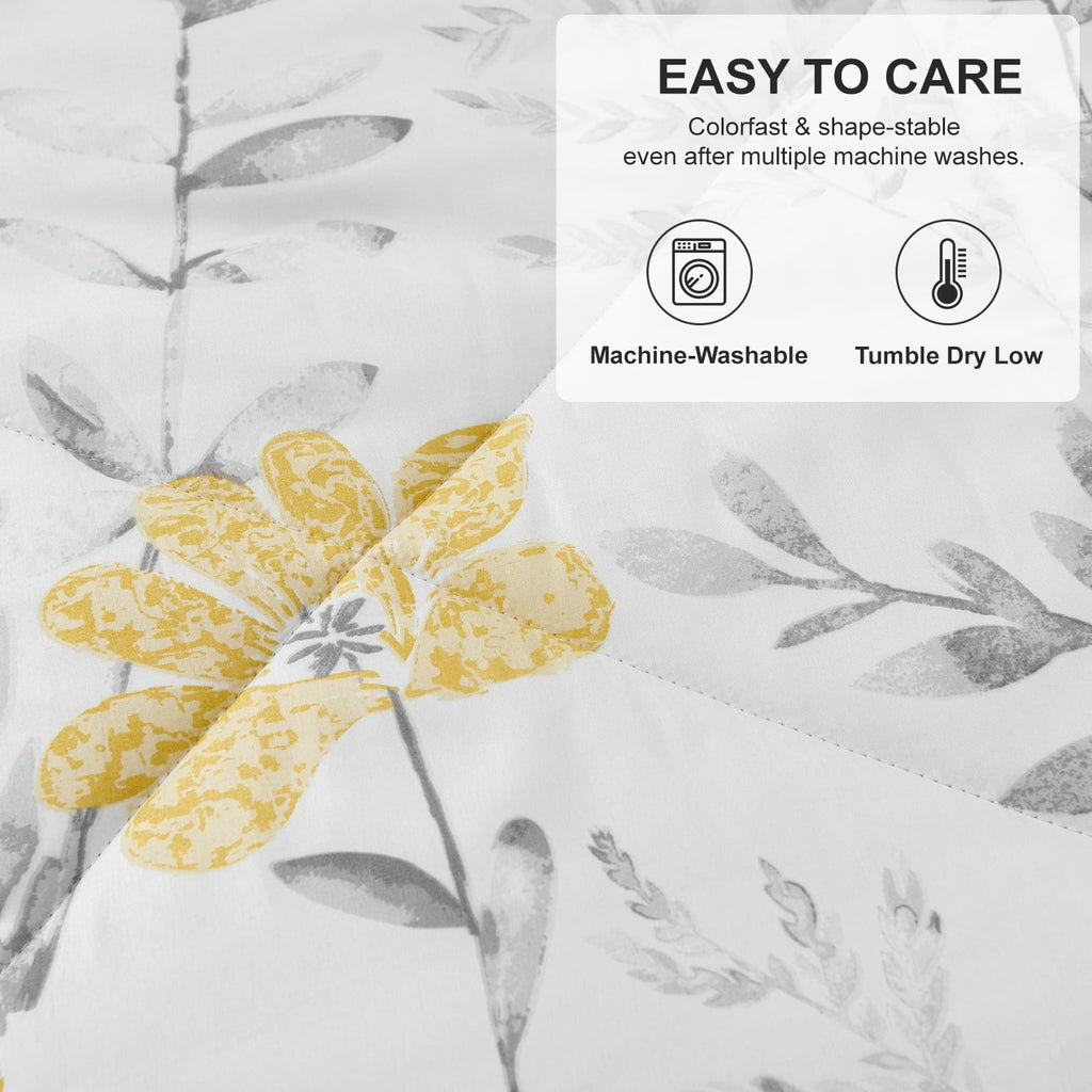 Heavyweight Warmth 3 Piece Comforter Set Queen Yellow Floral Quilt Microfiber Patchwork Bedspread - Luxurious Quilted Duvet Cover Set Detail