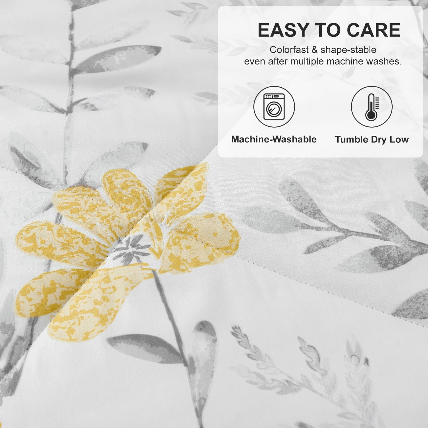Heavyweight Warmth 3 Piece Comforter Set Queen Yellow Floral Quilt Microfiber Patchwork Bedspread - Luxurious Quilted Duvet Cover Set Detail