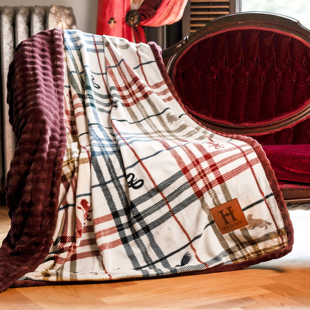 Lightweight Warm Academic Plaid Tartan Crest with Faux Leather Patch and Milky Mink Reverse Throw, 60x70 inches - Super Soft Reversible Sherpa Flannel Blanket - Default Title