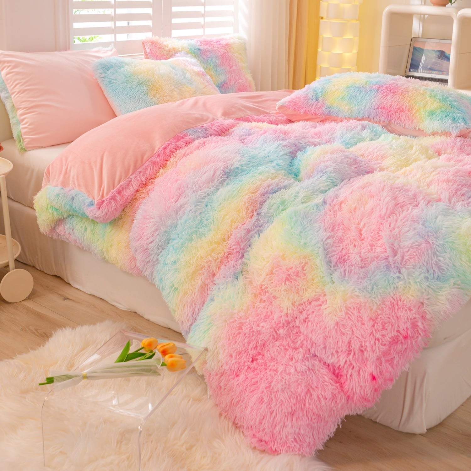 Hypoallergenic Cloud 3Pcs Pink Faux Fur Twin Comforter Set for Girls Tie Dye Rainbow Kid Bed Set Plush Shaggy Bedding Sets Fuzzy Bed Comfo... - All-Season Down Alternative Comforter Insert Detail