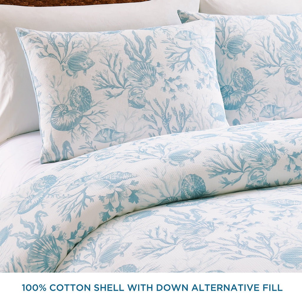 All-Season 3-Piece Lightweight 100% Cotton Blue & White Ocean Print Comforter Set, Full/Queen - Hypoallergenic Ultra-Fluffy Quilt for Winter Detail
