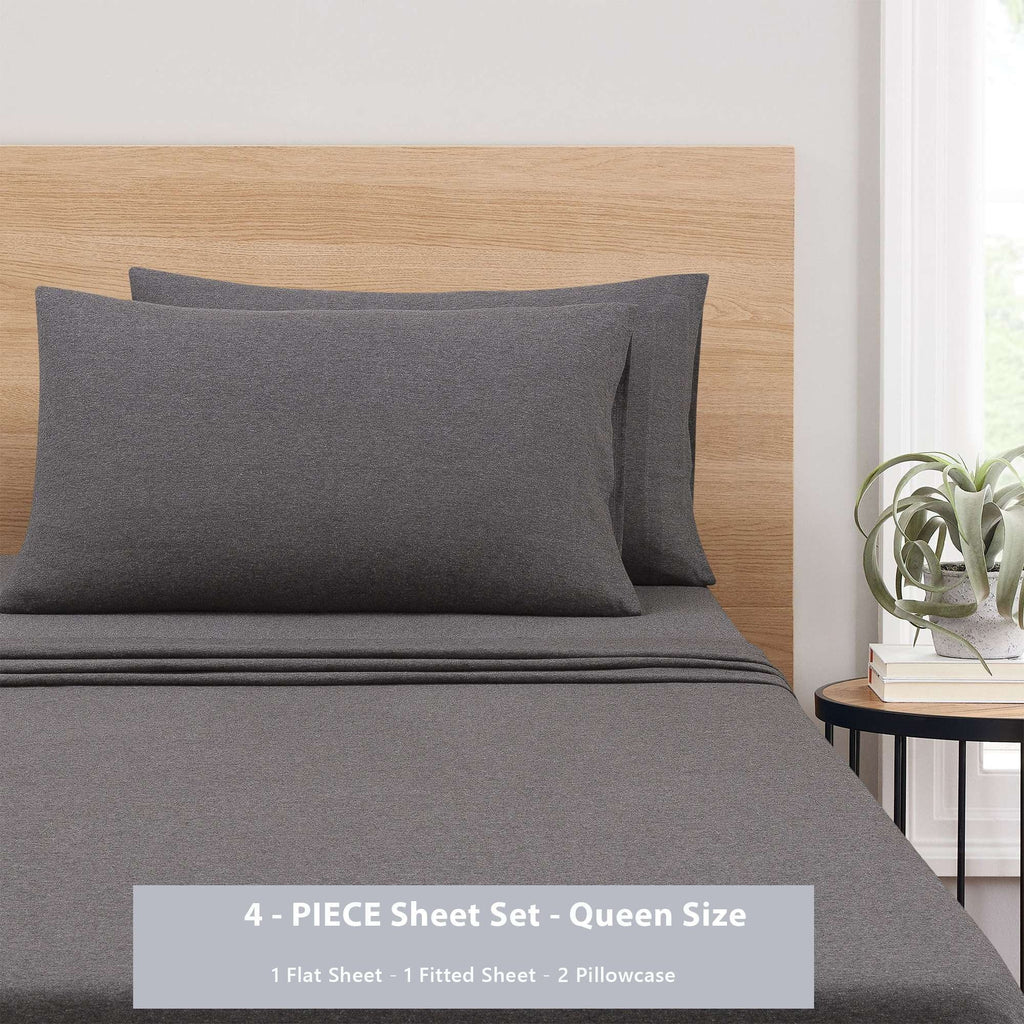 Wrinkle-Resistant Cotton Rich Extra Soft Jersey Bed Sheet Set, Queen, Charcoal, 4 Pieces - Cooling Hotel Quality Bedding Sheets and Pillowcases Detail