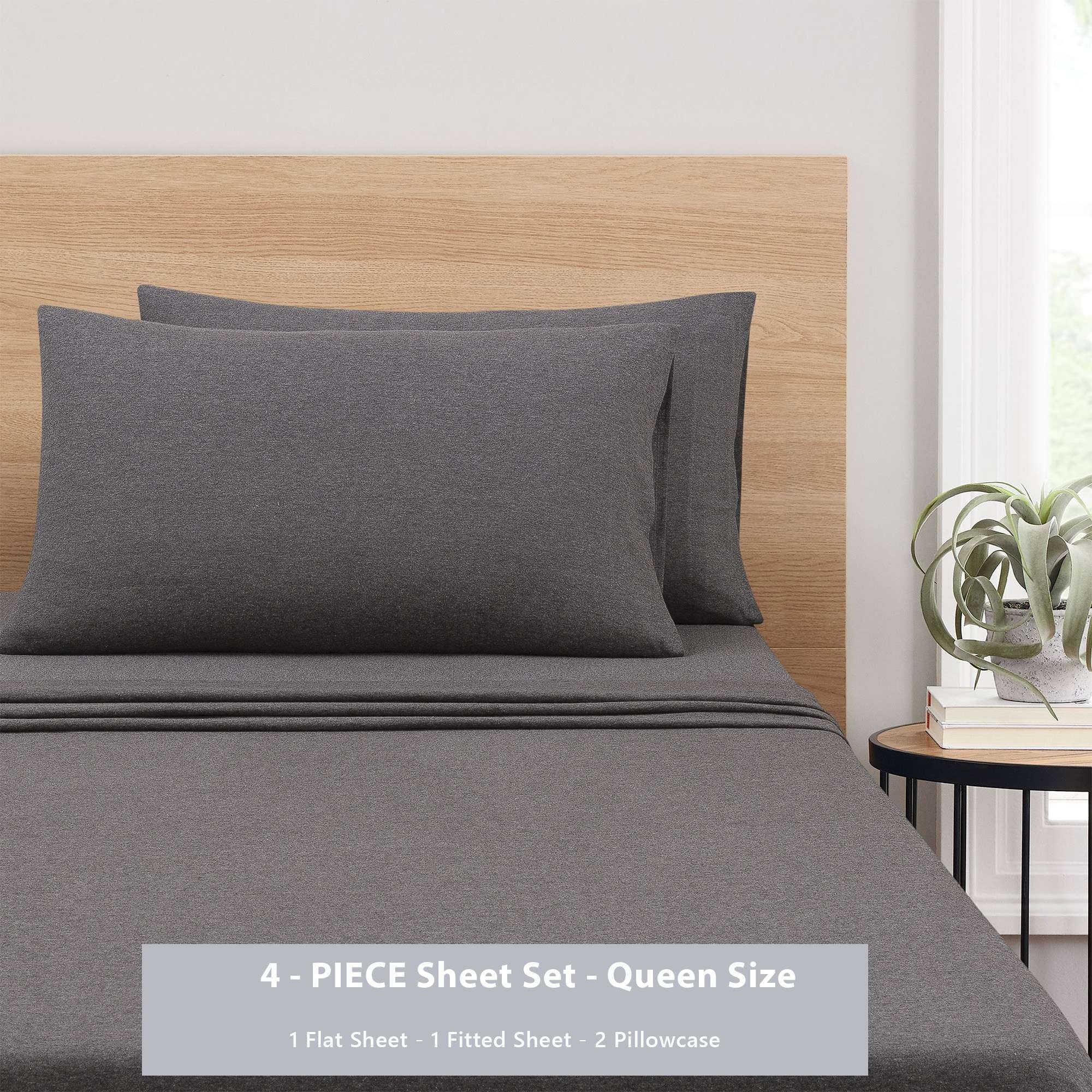 Wrinkle-Resistant Cotton Rich Extra Soft Jersey Bed Sheet Set, Queen, Charcoal, 4 Pieces - Cooling Hotel Quality Bedding Sheets and Pillowcases Detail