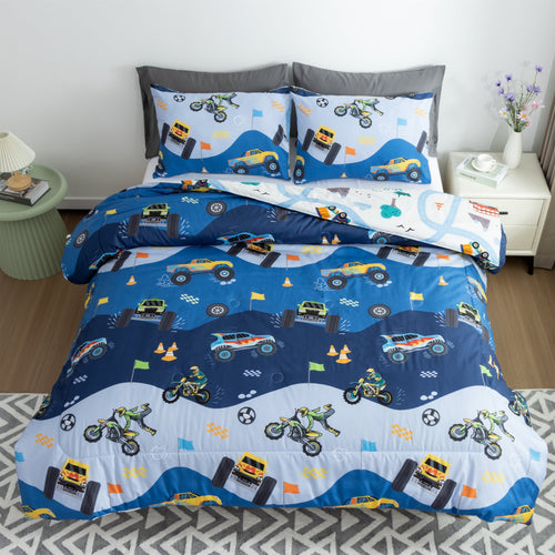 All-Season 3Pcs Reversible Construction Truck Twin Comforter Set for Boys Kids Excavator Vehicle Motorcycle Bedding Set Blue - Hypoallergenic Ultra-Fluffy Quilt for Winter Detail