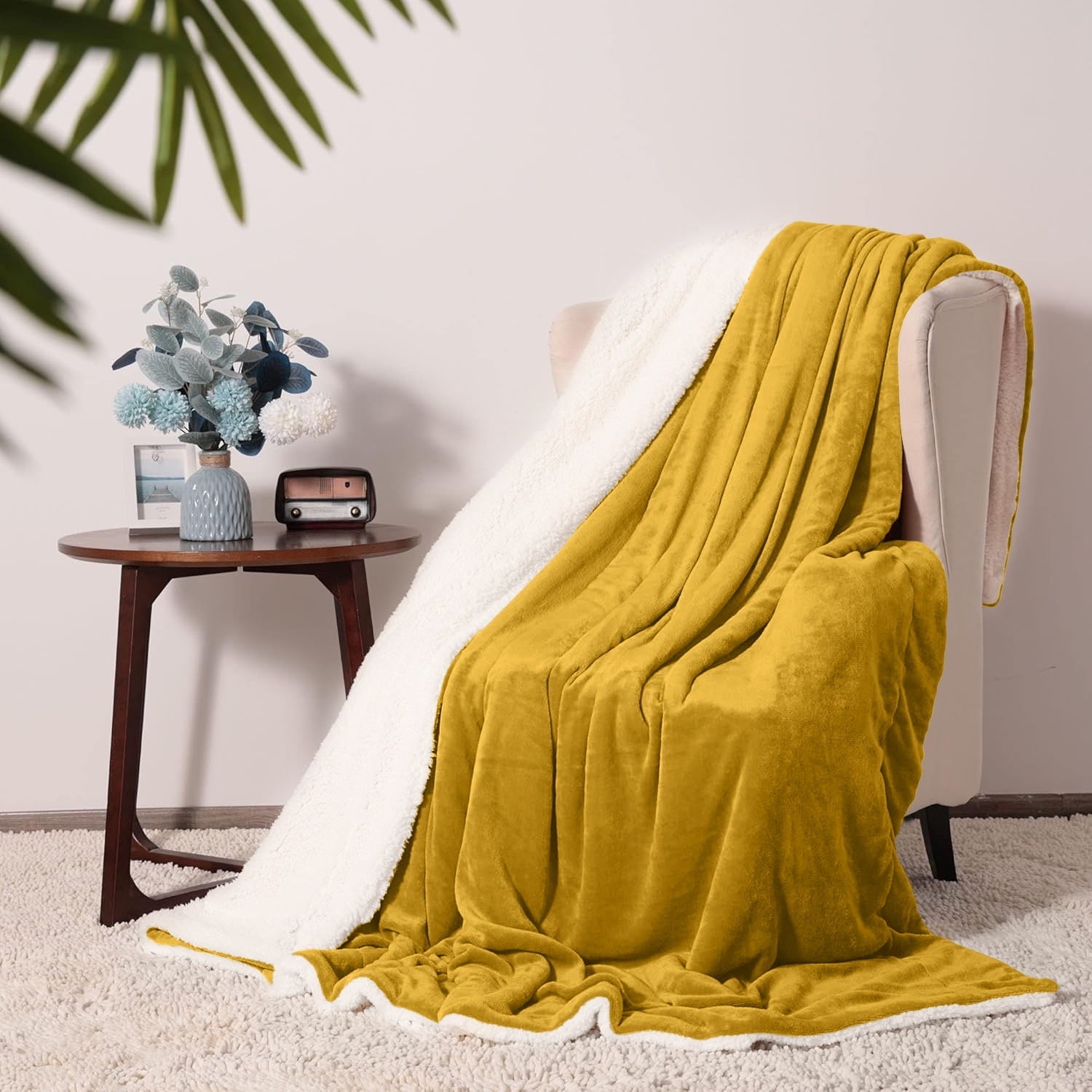 Reversible Sherpa Moonlight20015 Sherpa Blanket Fluffy Plush Couch & Travel Blanket Reversible Throw Size Ochre Color - Super Soft Reversible Sherpa Flannel Blanket Detail