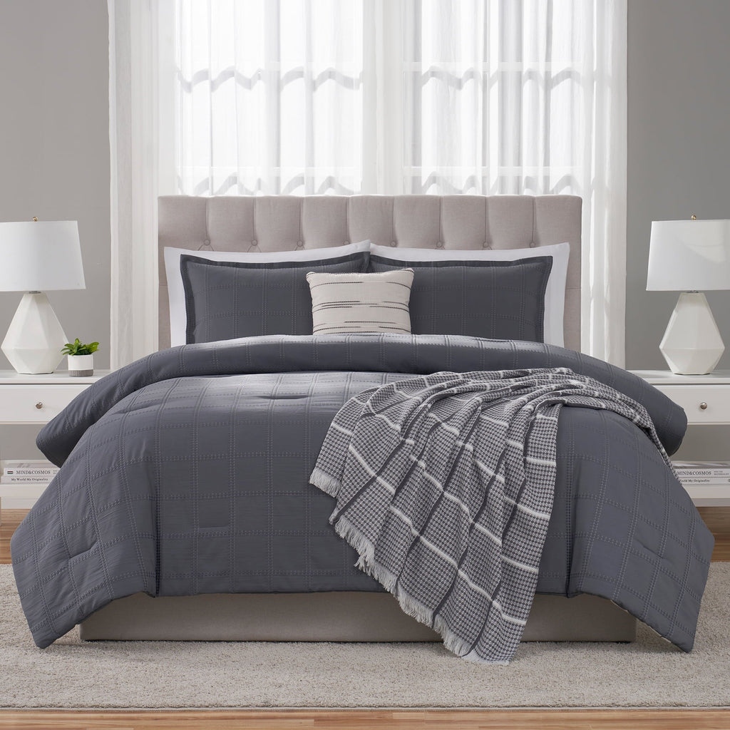 Fluffy Down Alternative Full/Queen Comforter Set, All-Season, 5-Piece, Grey Waffle Check - Cloud-Like Soft Lightweight Bed Comforter Detail
