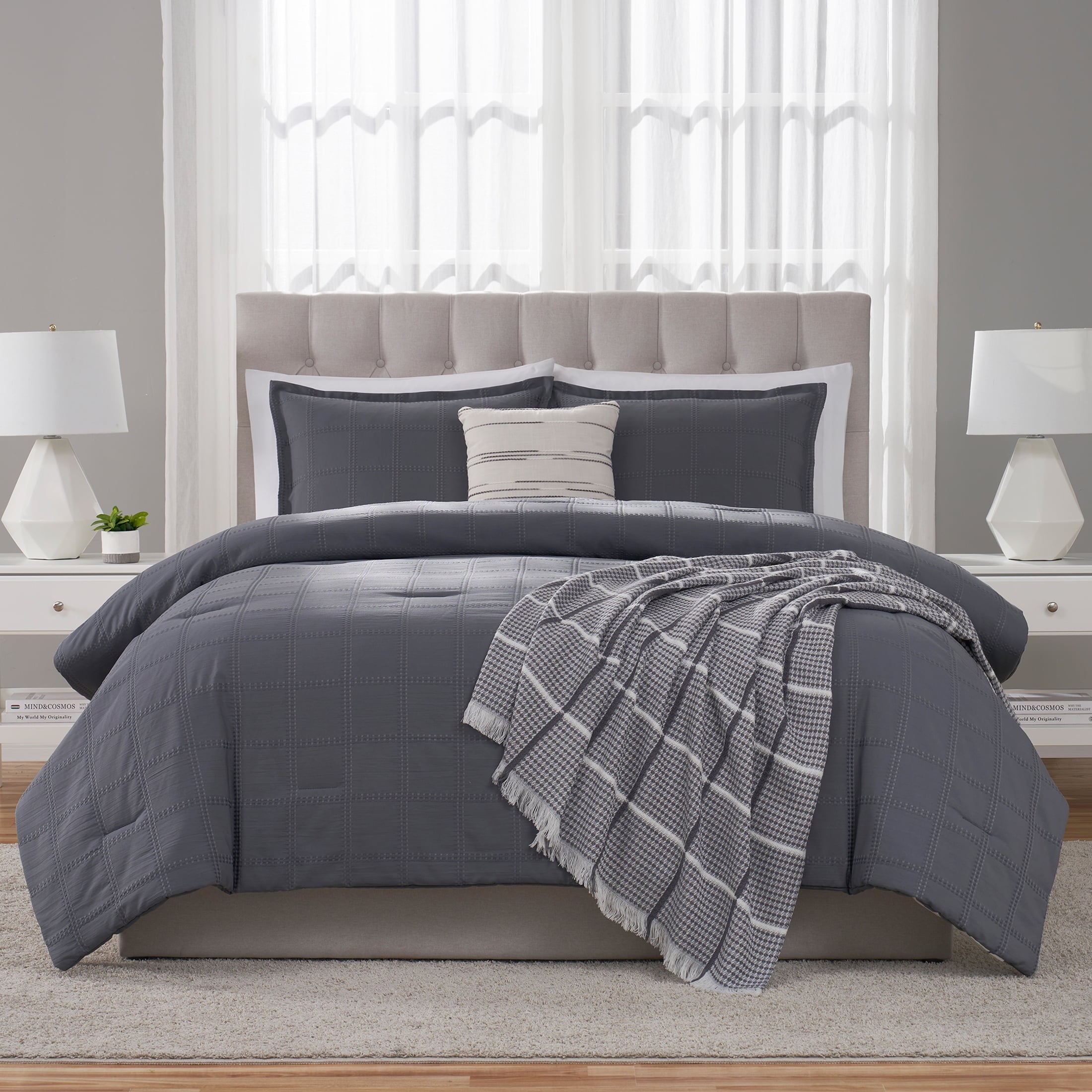 Fluffy Down Alternative Full/Queen Comforter Set, All-Season, 5-Piece, Grey Waffle Check - Cloud-Like Soft Lightweight Bed Comforter Detail