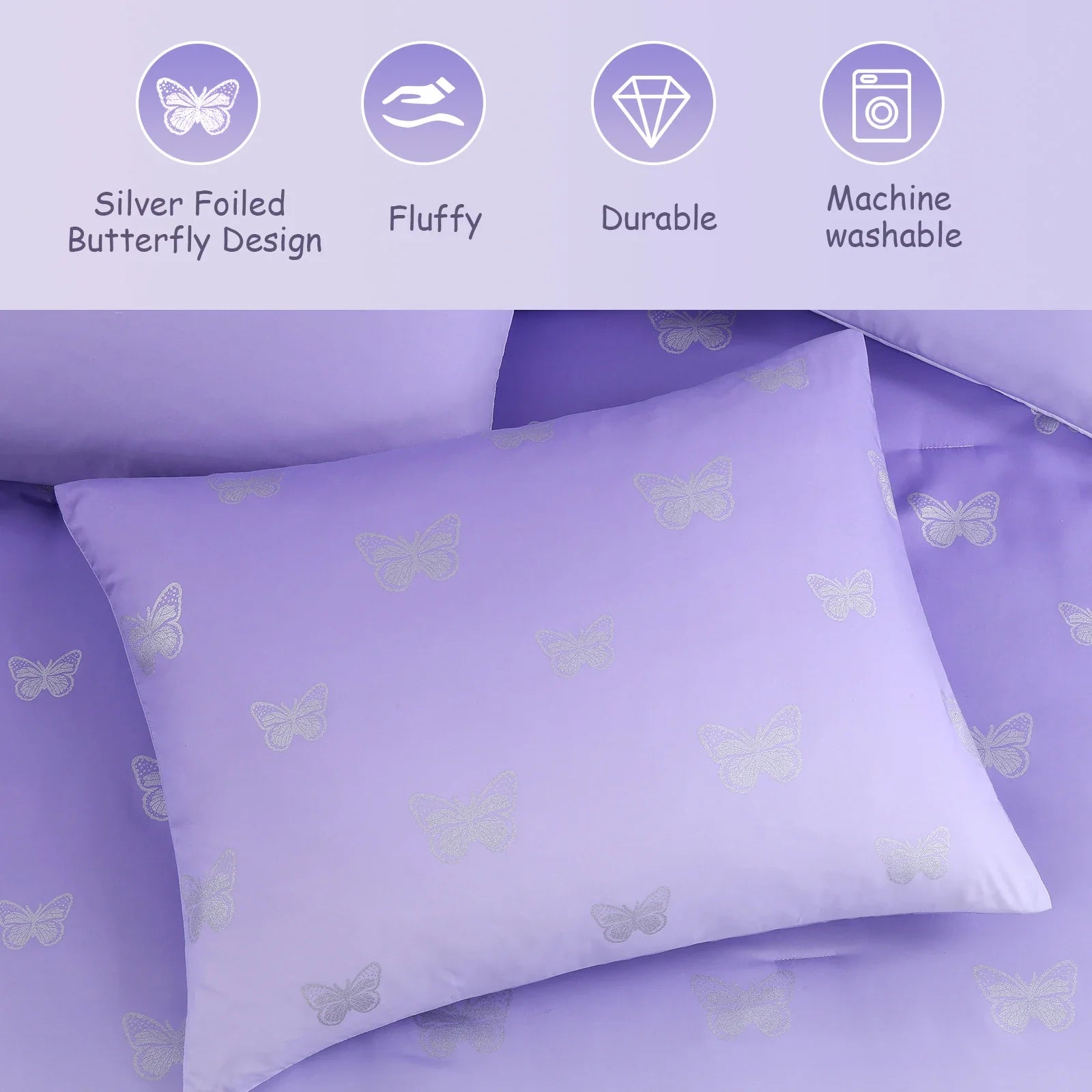 Luxurious Quilted gold foil Design 7-piece Bed in a Bag Comforter Set with Sheets,Purple/Silver Butterflies,Full - Hypoallergenic Ultra-Fluffy Quilt for Winter Detail