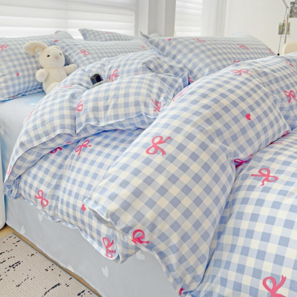 Luxurious Quilted 3-Piece Blue Plaid Pink Bows Comforter Full Set , Cute Soft Bedding Set for Kids Adults - Hypoallergenic Ultra-Fluffy Quilt for Winter Detail