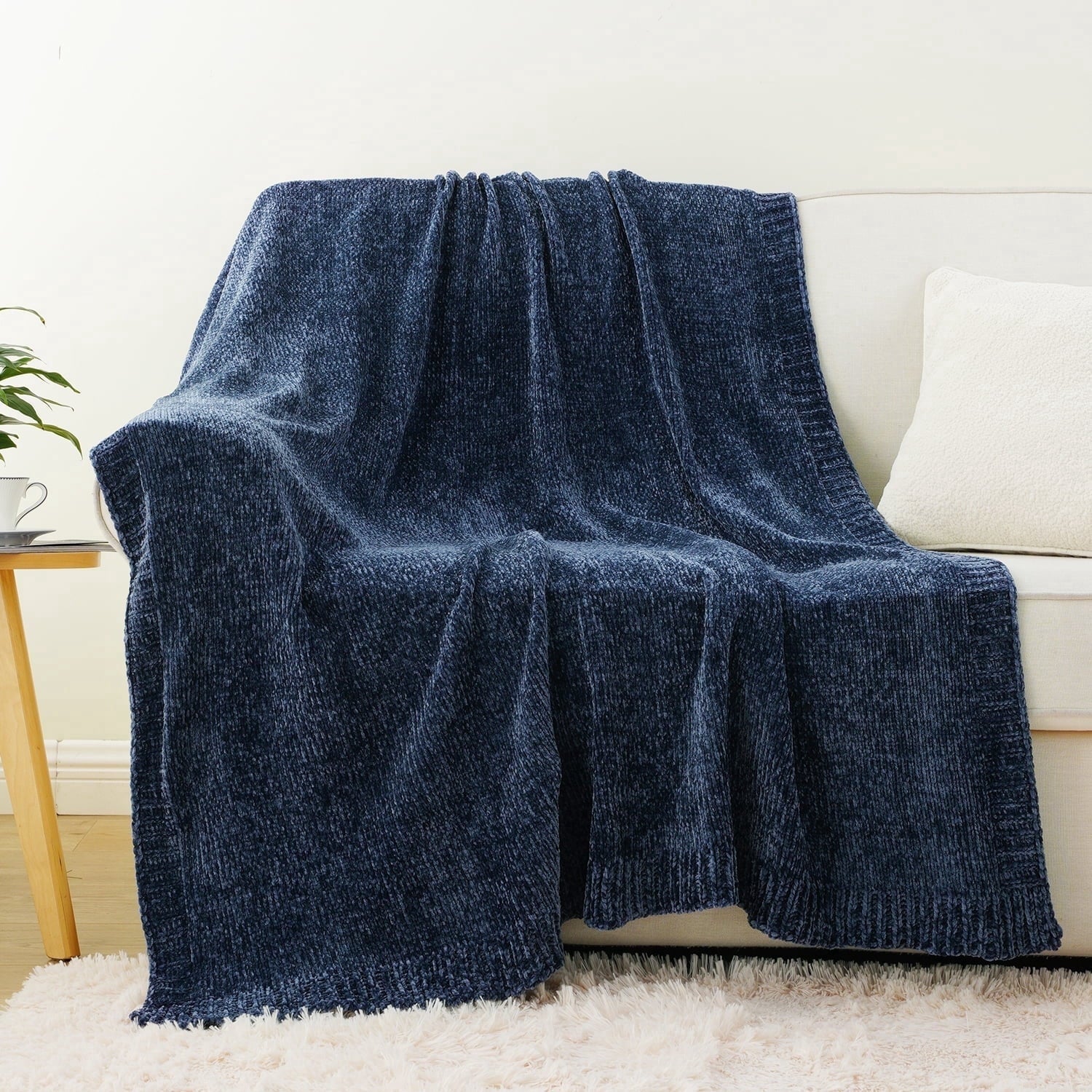 Lightweight Warm Navy Blue Chenille Throw for Couch Bed,Soft Navy Knit Blanket, Housewarming Gifts, 51"x 67" - Cozy Fleece Throw Blanket for Couch & Bed Detail
