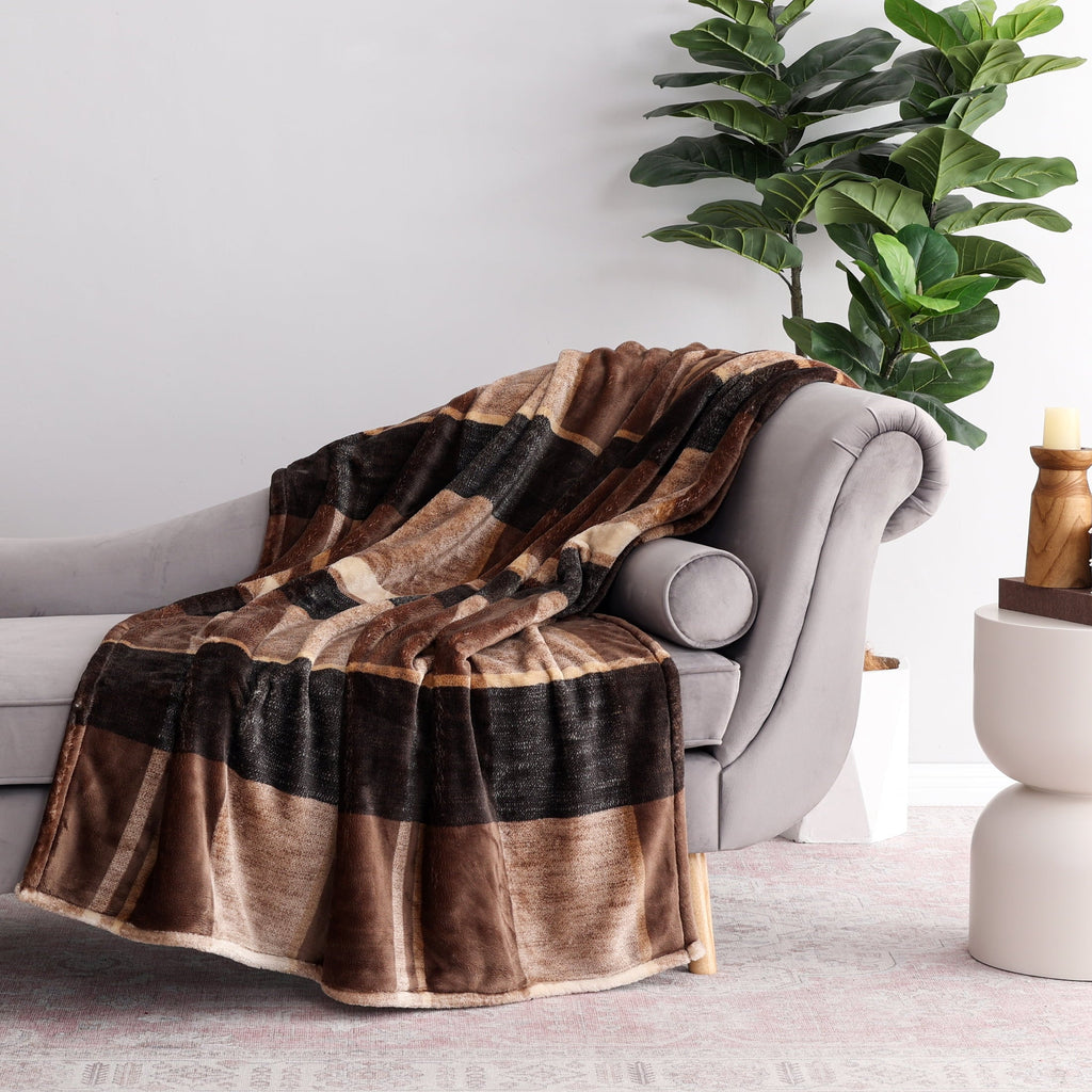 Decorative Knitted Printed Velvet Plush Super Soft Throw Blanket, Oversized, Shelton Brown Plaid - Luxury Knitted Decorative Throw Blanket with Fringes Detail