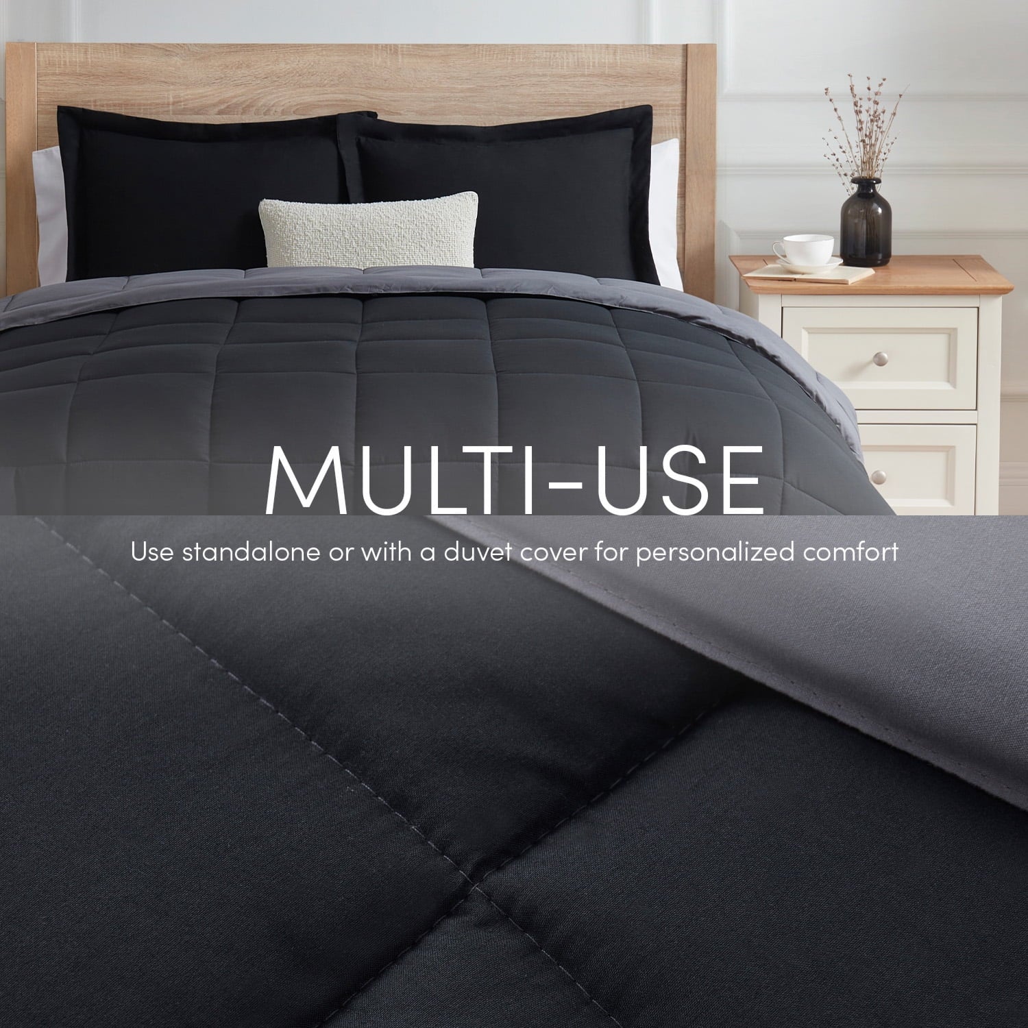 All-Season Queen Comforter Set, 3 Piece Bed in a Bag, Reversible Down Alternative Bedding Set, Black & Gray - Hypoallergenic Ultra-Fluffy Quilt for Winter Detail