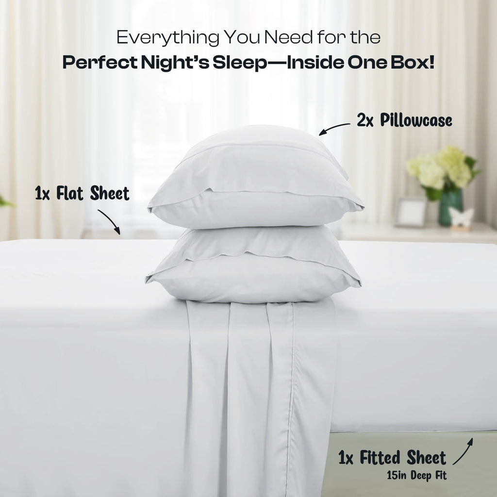 Cooling Sateen IR 3 Piece 1800 Series Deep Pocket Soft Microfiber Solid Bed Sheet Set for Kids, White Twin Size - Cooling Hotel Quality Bedding Sheets and Pillowcases Detail